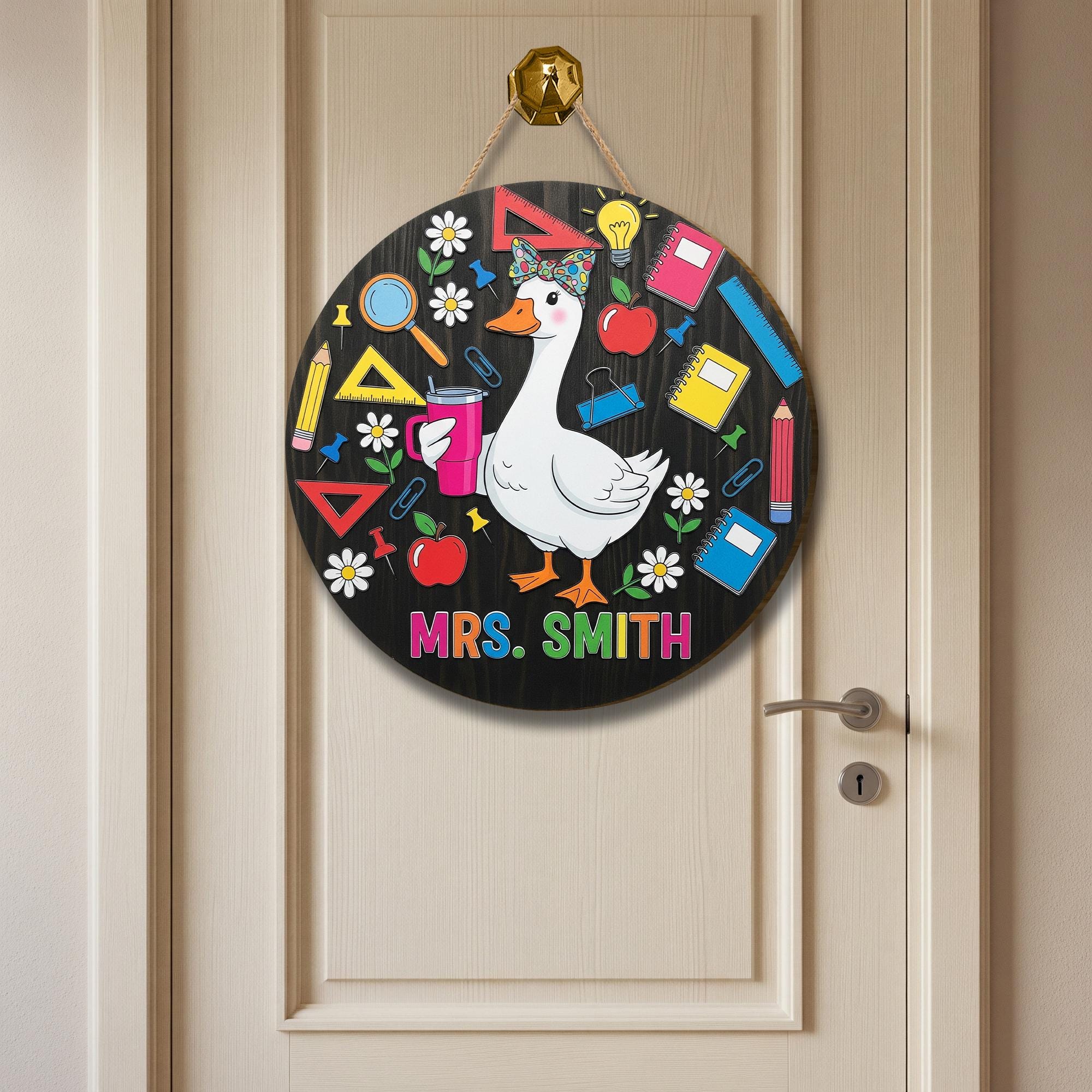 Funny Goose Teacher Door Sign – Personalized Classroom Decor with Name, Back to School Gift for Teachers, Cute Duck Theme Sign, Welcome Sign