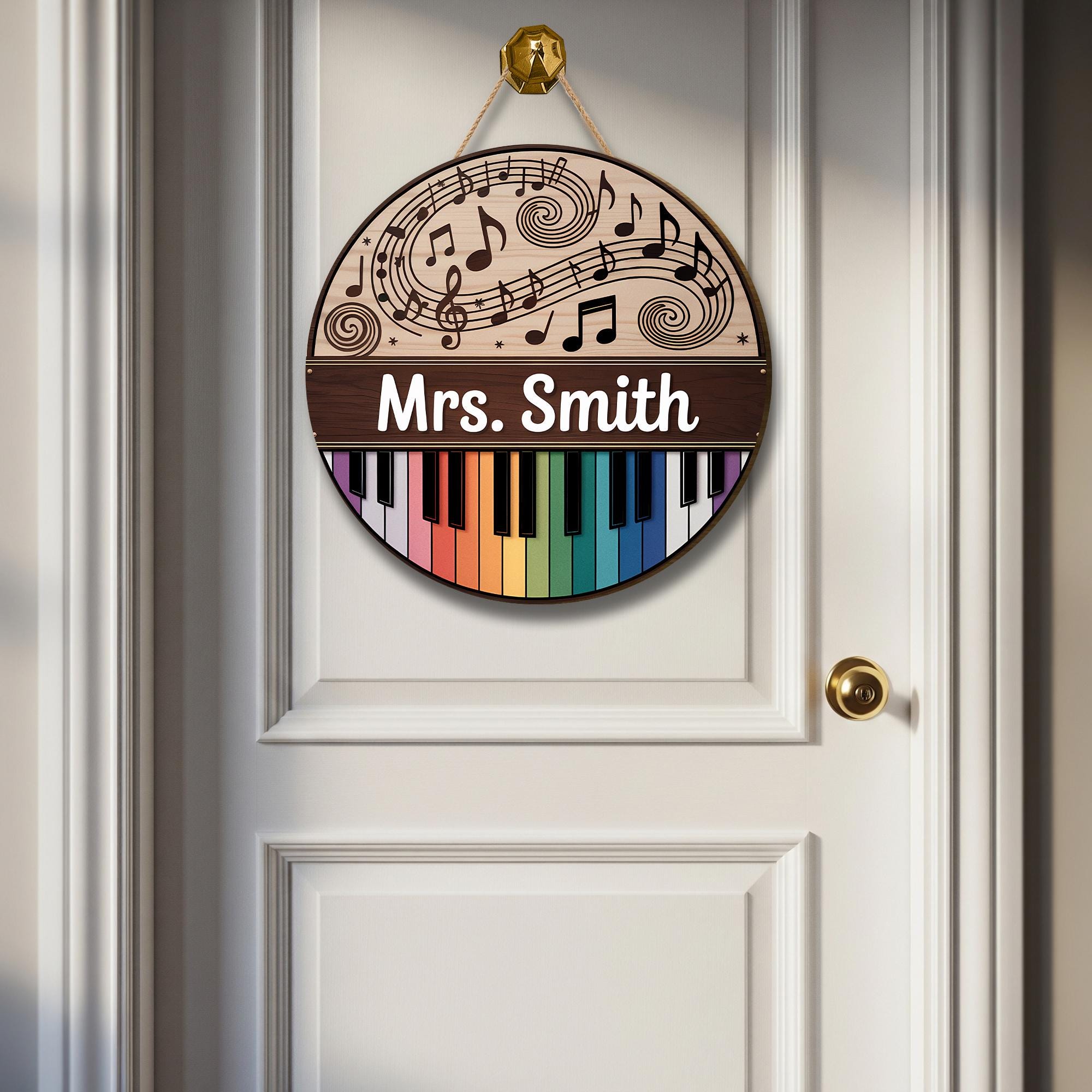 Personalized Music Teacher Door Sign – Custom Name Classroom Decor with Rainbow Piano and Notes, Back to School Gift for Music Lovers