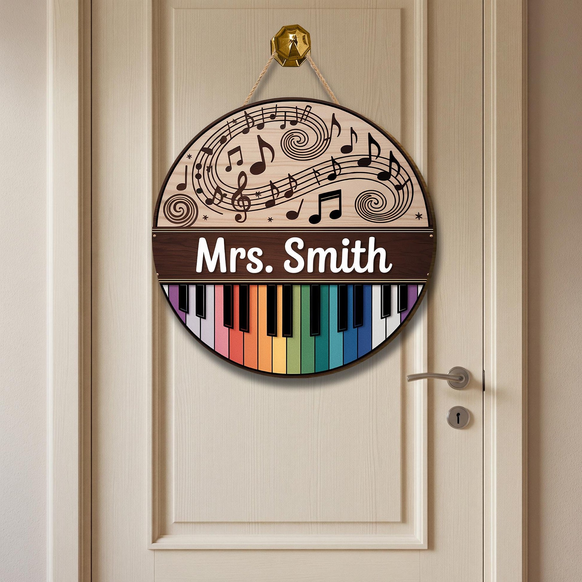 Personalized Music Teacher Door Sign – Custom Name Classroom Decor with Rainbow Piano and Notes, Back to School Gift for Music Lovers