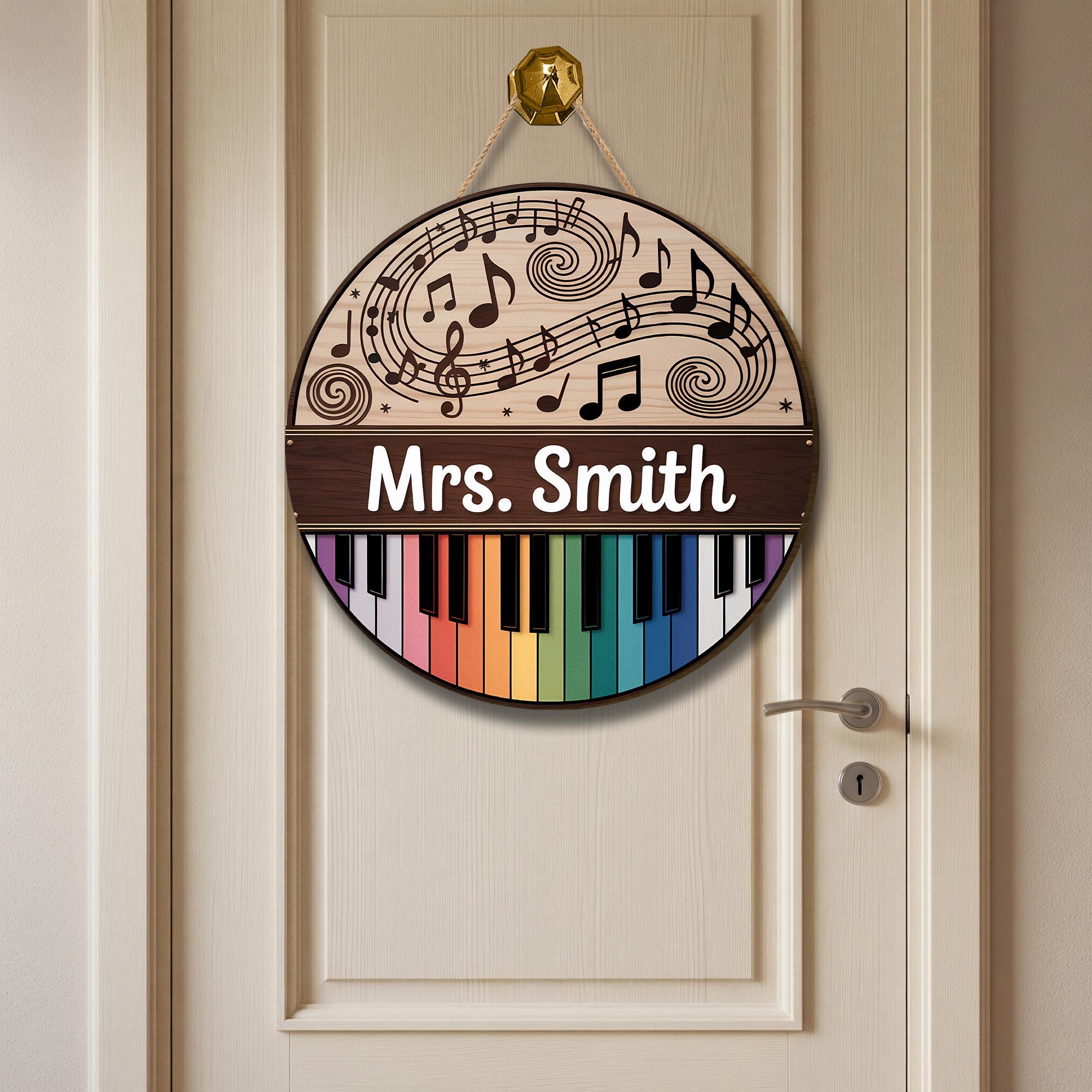 Personalized Music Teacher Door Sign – Custom Name Classroom Decor with Rainbow Piano and Notes, Back to School Gift for Music Lovers