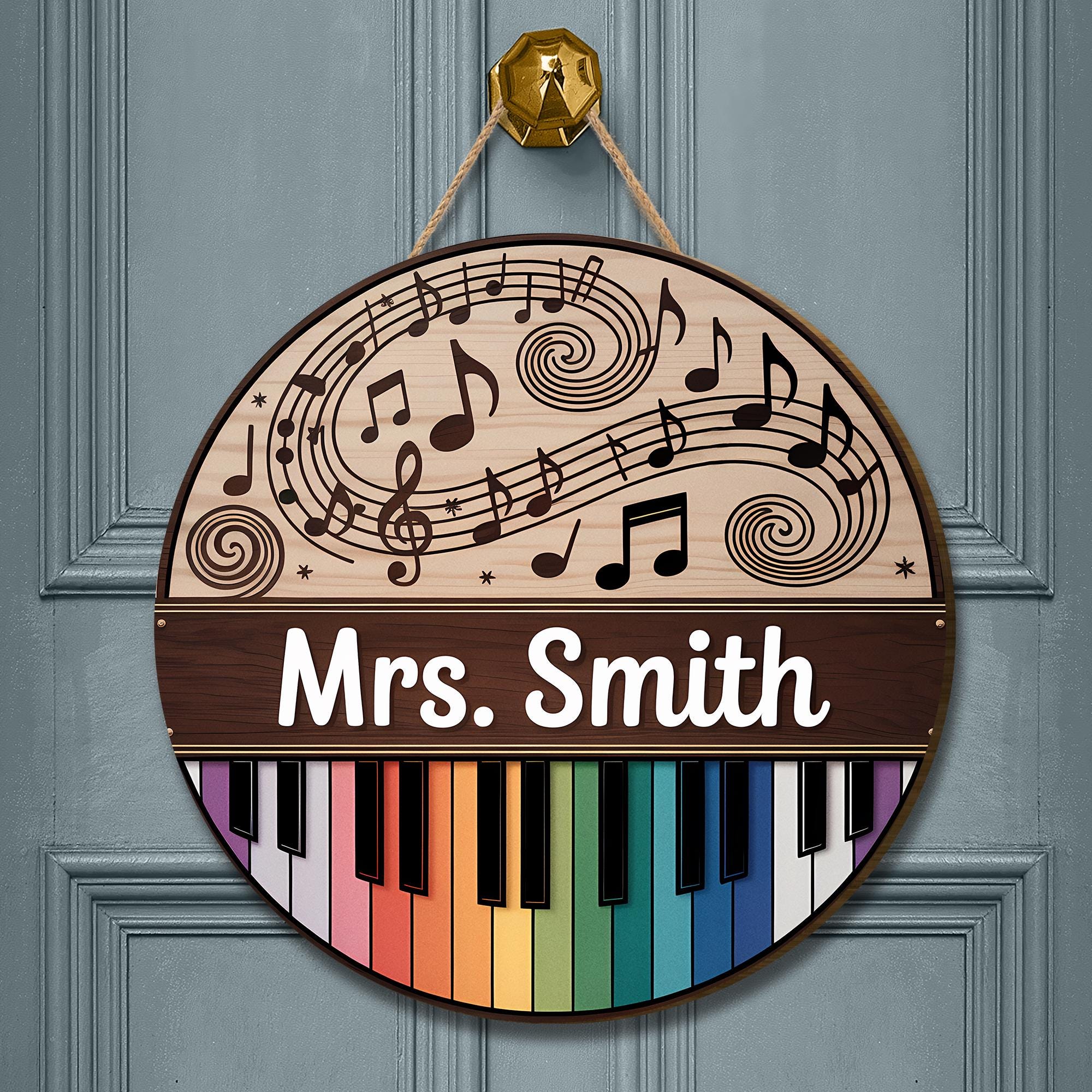 Personalized Music Teacher Door Sign – Custom Name Classroom Decor with Rainbow Piano and Notes, Back to School Gift for Music Lovers