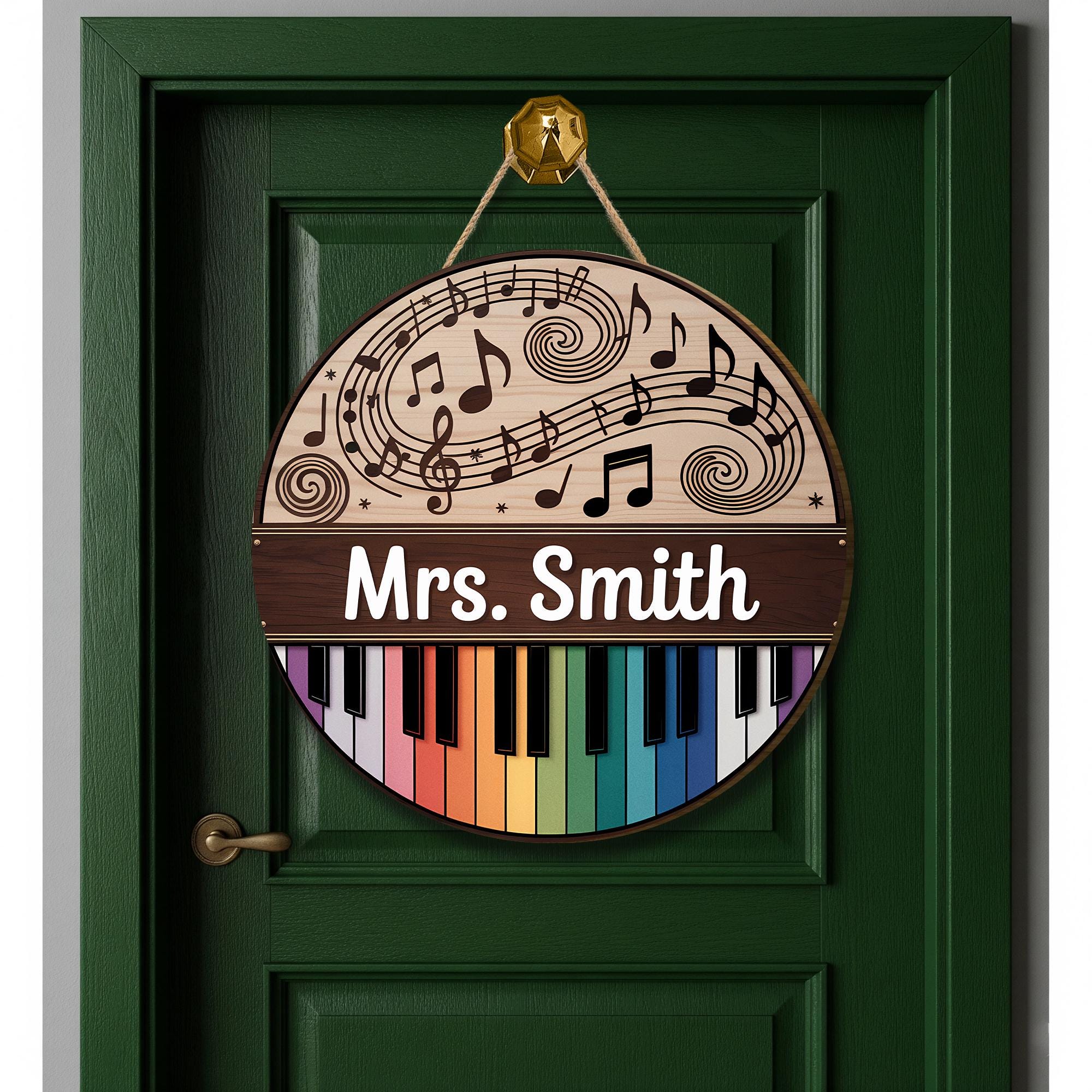 Personalized Music Teacher Door Sign – Custom Name Classroom Decor with Rainbow Piano and Notes, Back to School Gift for Music Lovers