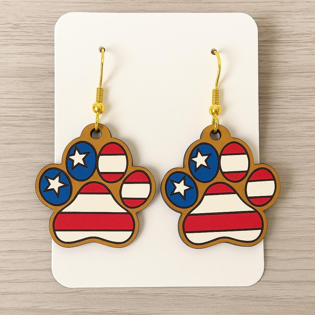 Patriotic Dog Paw Earrings - Red White Blue USA Jewelry - July 4th Earrings - American Flag Pet Lover Gift - Summer Statement Earrings