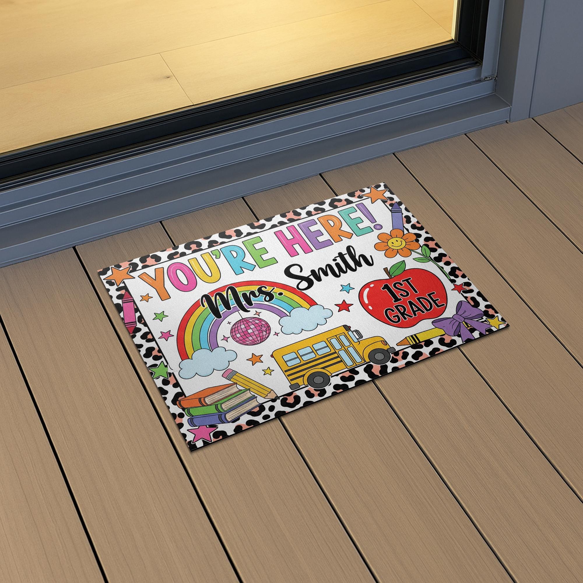 Personalized Teacher Classroom Doormat, Composition Notebook Classroom Decor, Teacher Appreciation Gift, Groovy Doormat, Yay You're Here