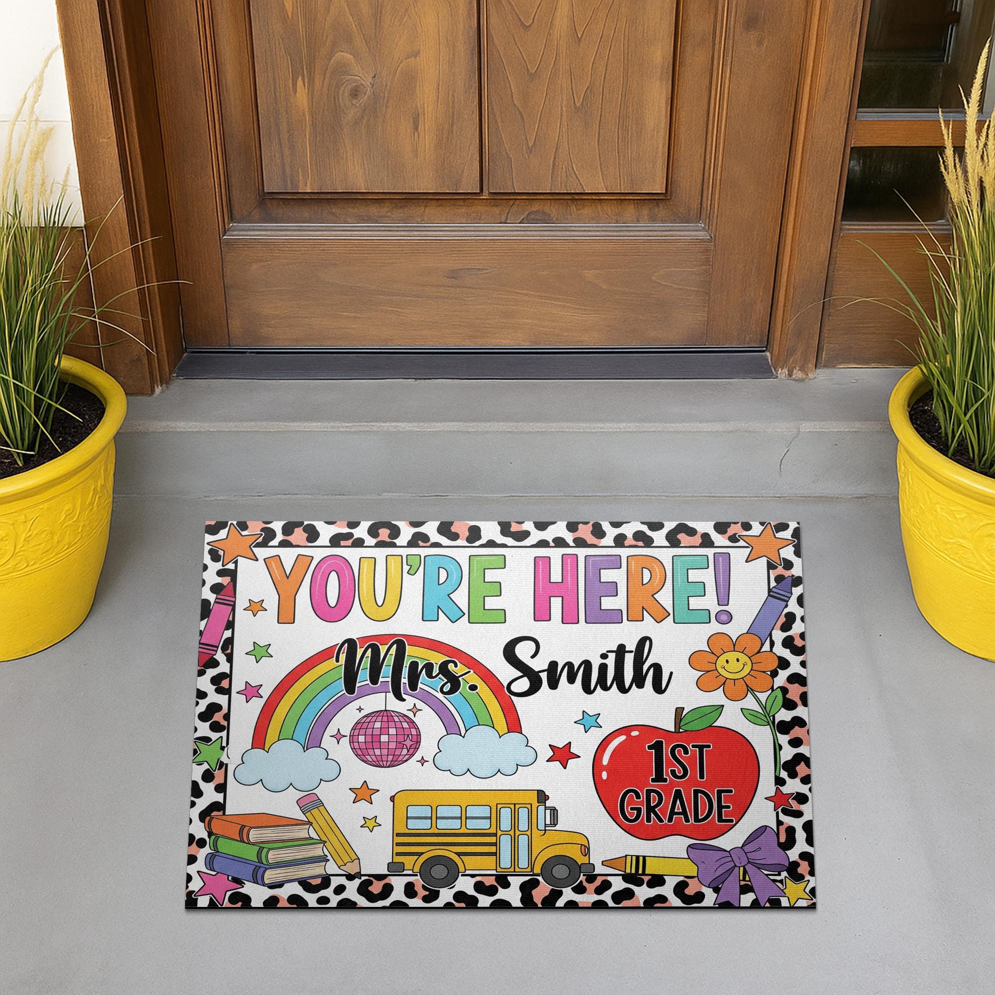 Personalized Teacher Classroom Doormat, Composition Notebook Classroom Decor, Teacher Appreciation Gift, Groovy Doormat, Yay You're Here