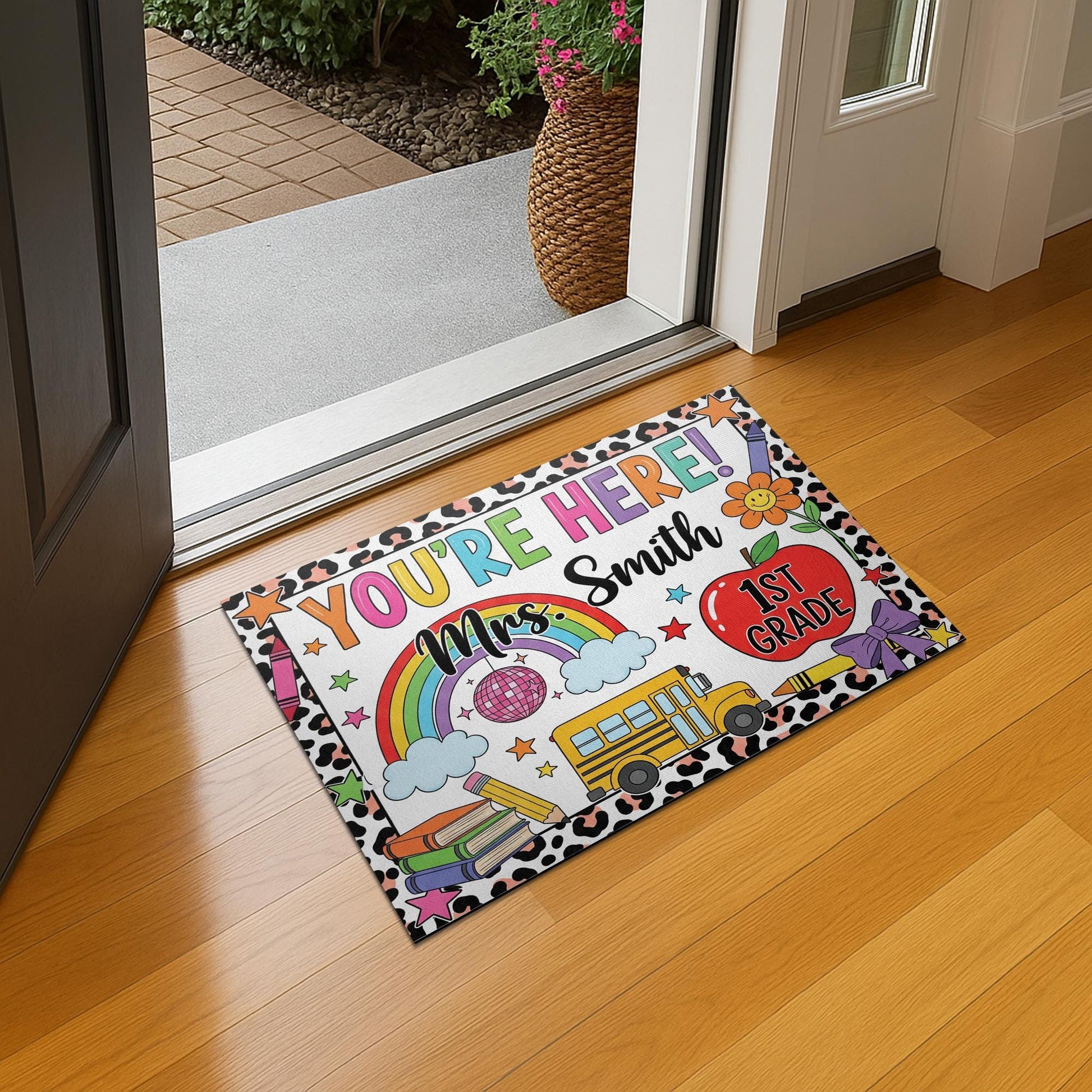 Personalized Teacher Classroom Doormat, Composition Notebook Classroom Decor, Teacher Appreciation Gift, Groovy Doormat, Yay You're Here