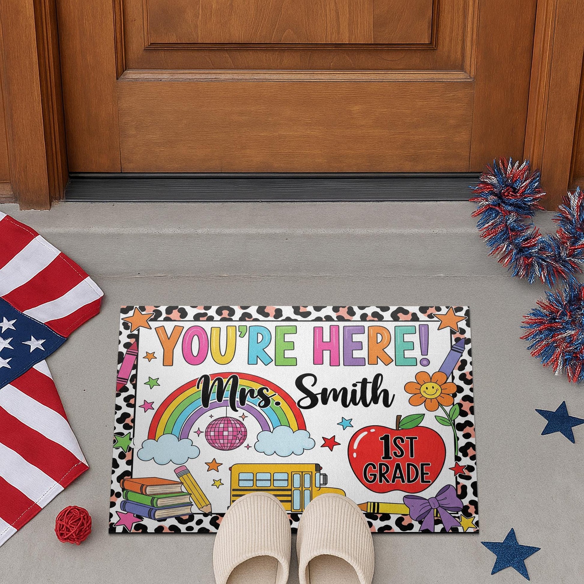 Personalized Teacher Classroom Doormat, Composition Notebook Classroom Decor, Teacher Appreciation Gift, Groovy Doormat, Yay You're Here