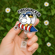 Firequacker Duck Badge Reel - Funny 4th of July ID Clip - Patriotic Nurse Badge Holder - USA Rocket Duck Work Accessory