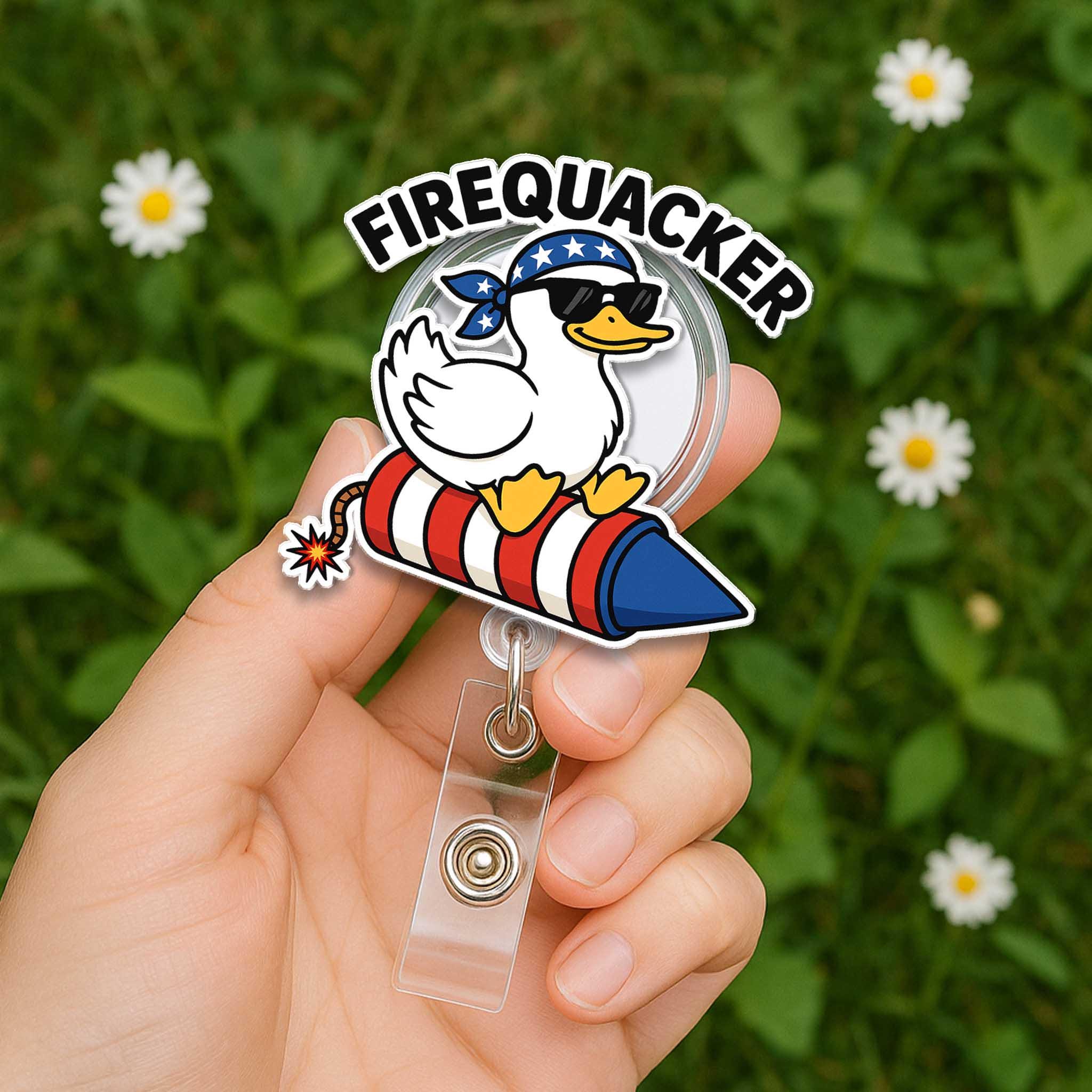Firequacker Duck Badge Reel - Funny 4th of July ID Clip - Patriotic Nurse Badge Holder - USA Rocket Duck Work Accessory