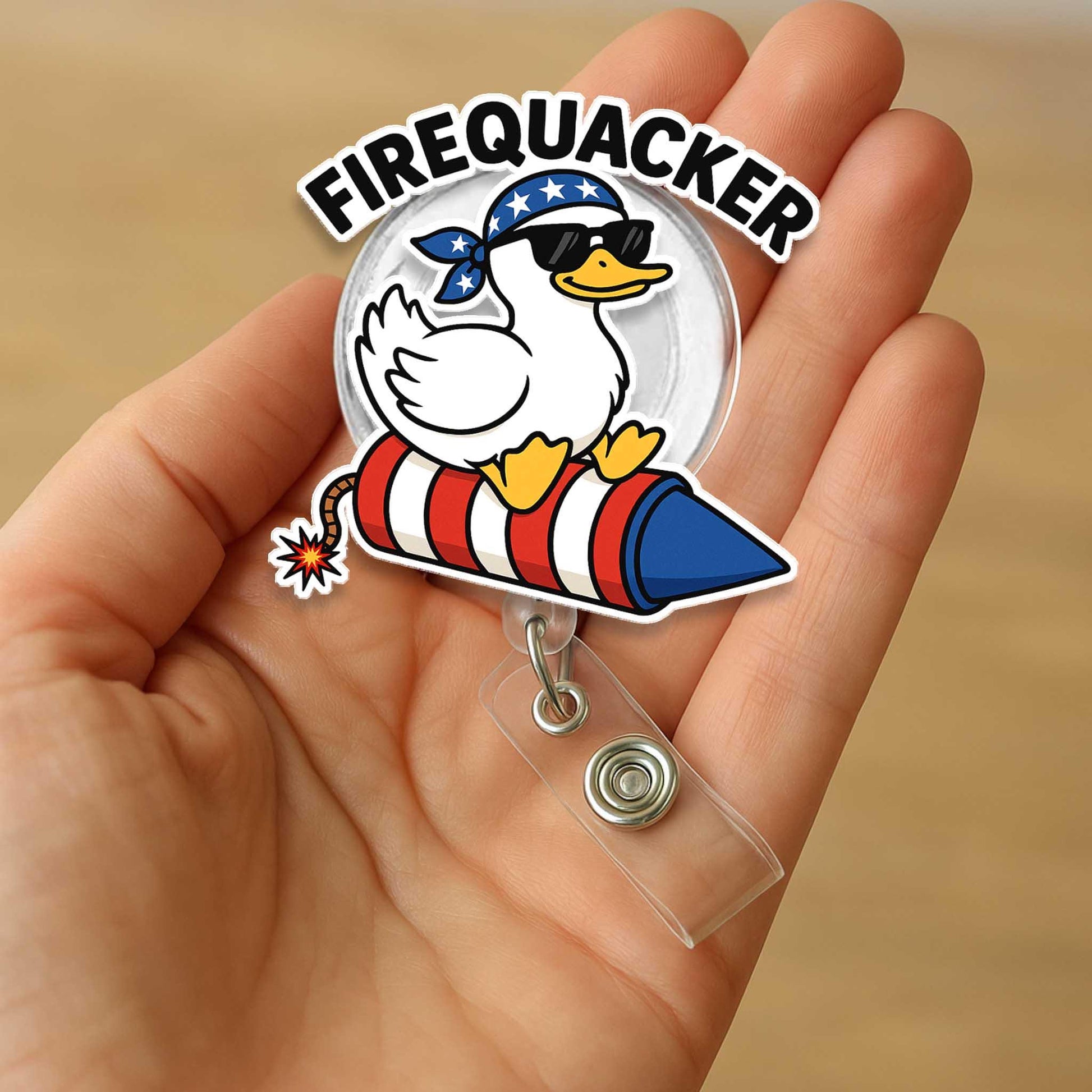 Firequacker Duck Badge Reel - Funny 4th of July ID Clip - Patriotic Nurse Badge Holder - USA Rocket Duck Work Accessory
