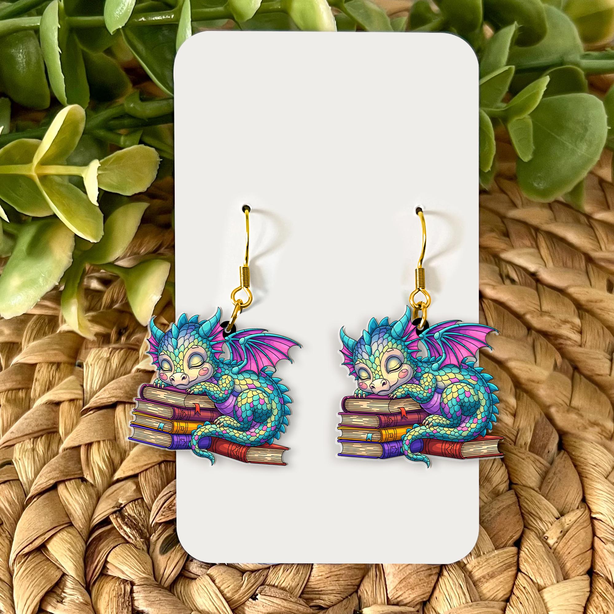 Dragon Book Earrings – Cute Fantasy Dangle Jewelry for Readers – Sleeping Dragon Librarian Gift – Bookish Mythical Creature Accessory