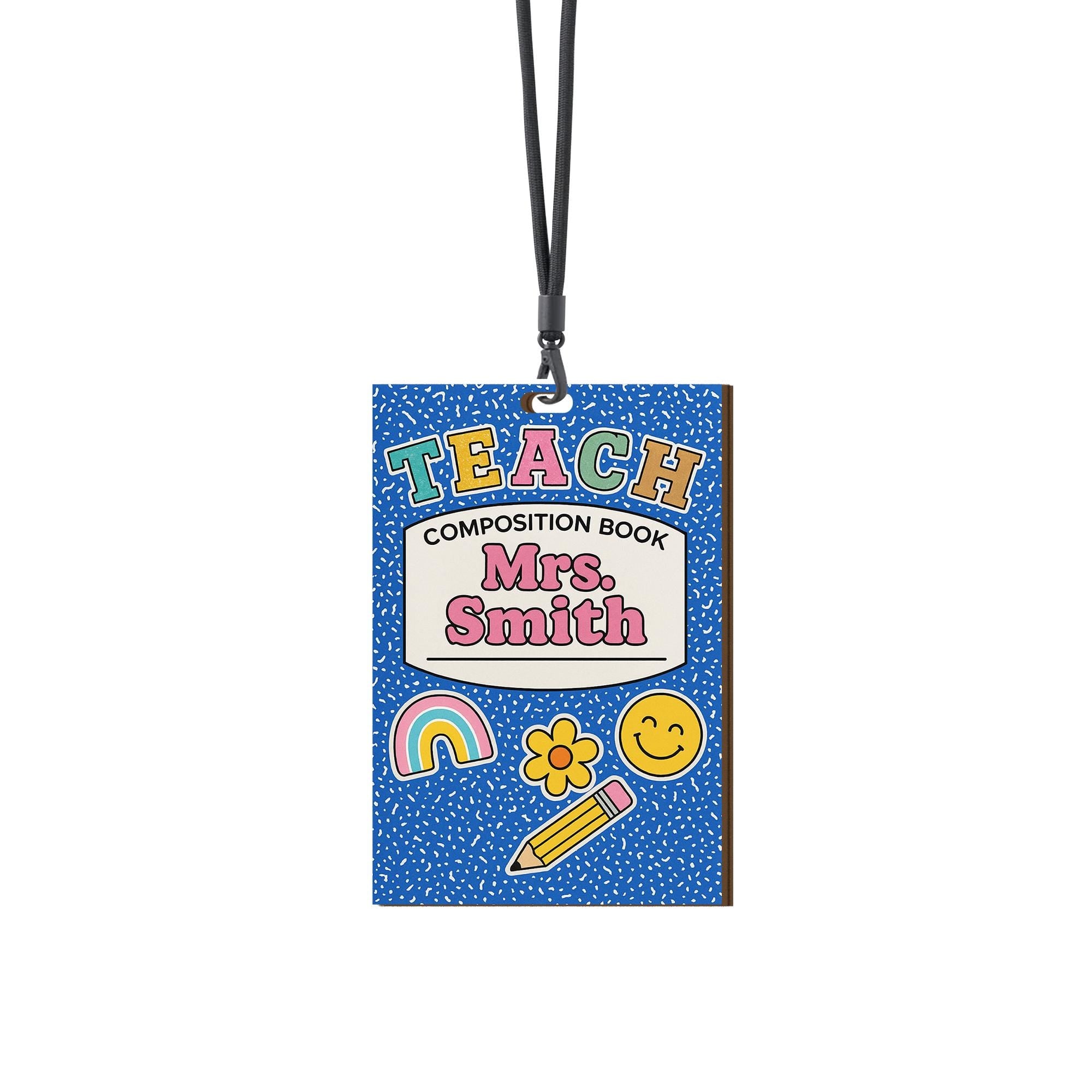Personalized Teacher ID Badge with Lanyard – Blue Composition Notebook Style with Name, Cute Back to School Gift for Educators, Teachers
