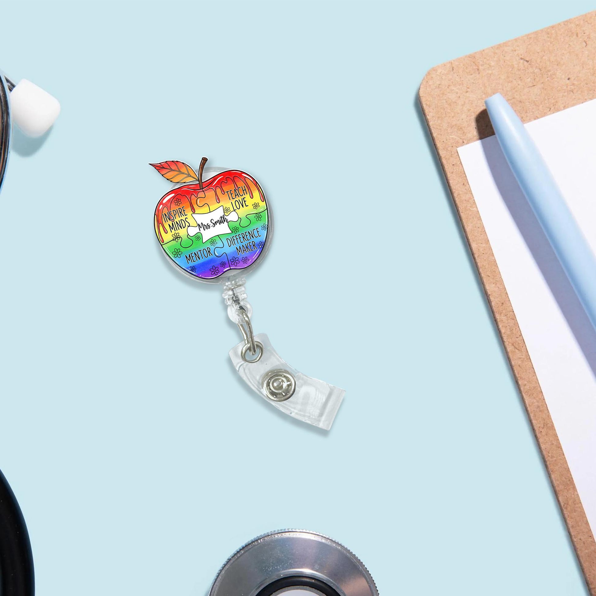 Custom Name Teacher Apple Badge Reel – Rainbow Puzzle Piece ID Clip – Inspiring Educator Gift – Personalized Classroom Accessory