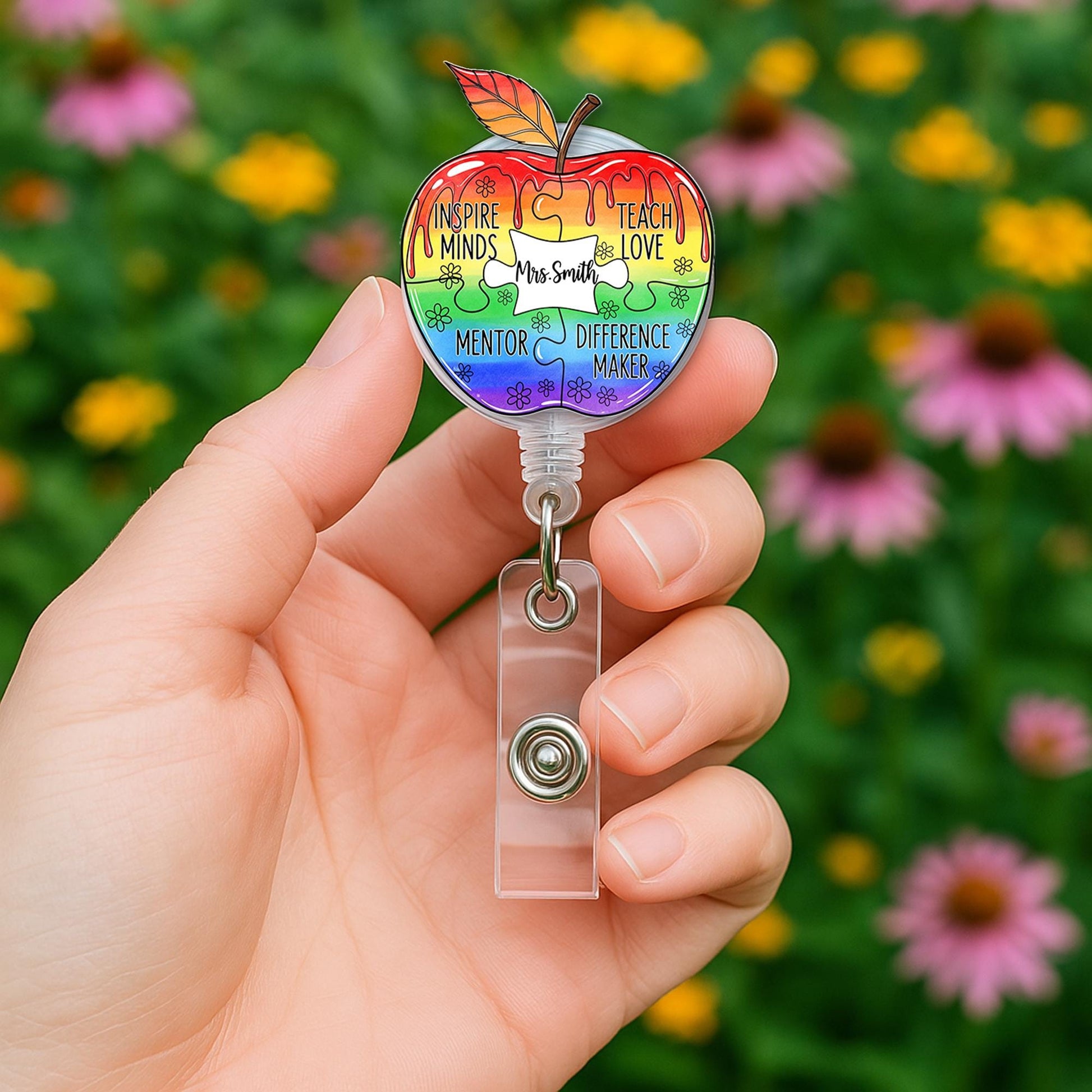 Custom Name Teacher Apple Badge Reel – Rainbow Puzzle Piece ID Clip – Inspiring Educator Gift – Personalized Classroom Accessory