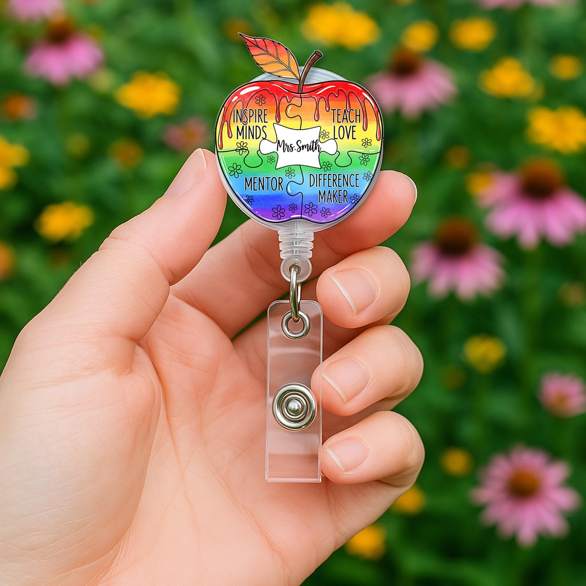 Custom Name Teacher Apple Badge Reel – Rainbow Puzzle Piece ID Clip – Inspiring Educator Gift – Personalized Classroom Accessory