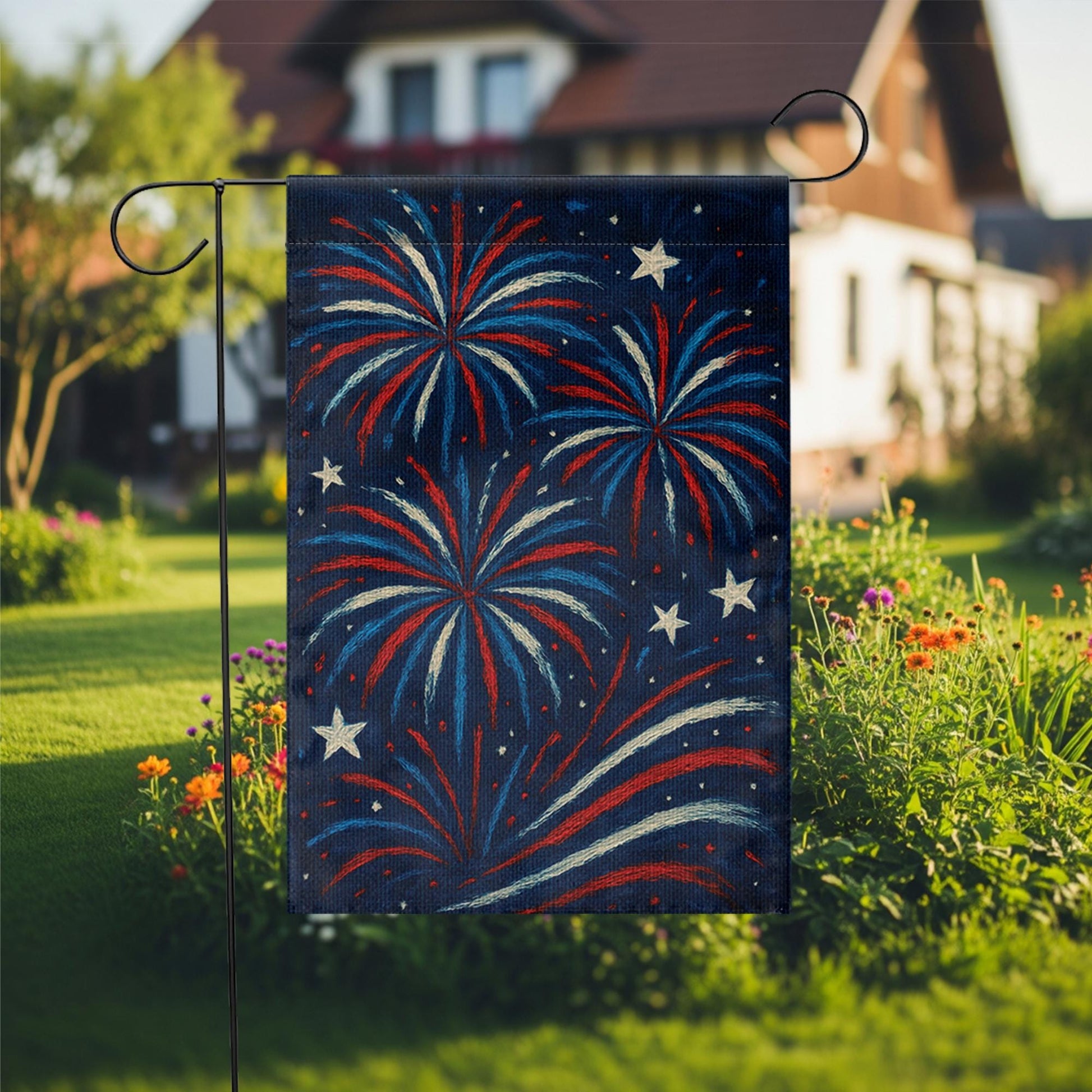 Patriotic Fireworks Garden Flag, Red White Blue Outdoor Decor, 4th of July Yard Banner, Summer Celebration Flag
