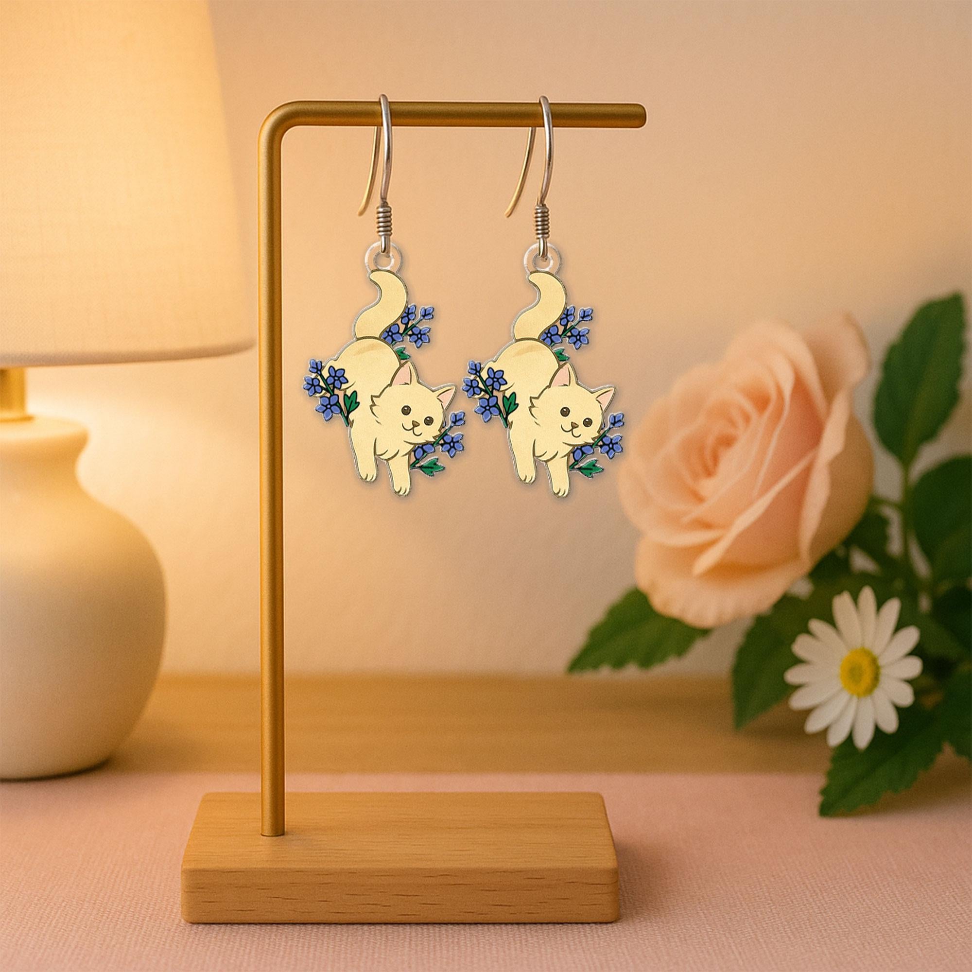 Cat Flower Earrings - Cute Cat with Birth Month Flowers Jewelry - Pet Lover Gift - Acrylic Cat Earrings - Kawaii Animal Dangle Earrings