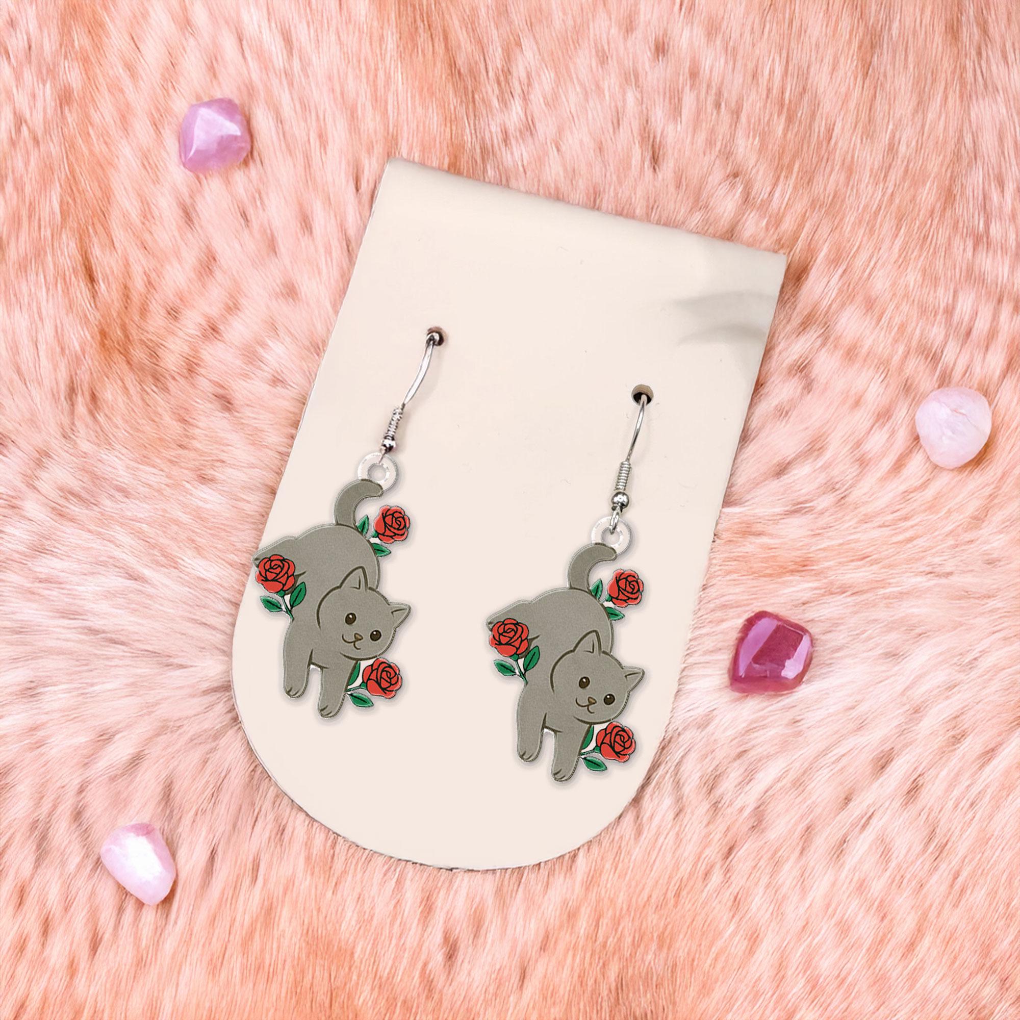 Cat Flower Earrings - Cute Cat with Birth Month Flowers Jewelry - Pet Lover Gift - Acrylic Cat Earrings - Kawaii Animal Dangle Earrings