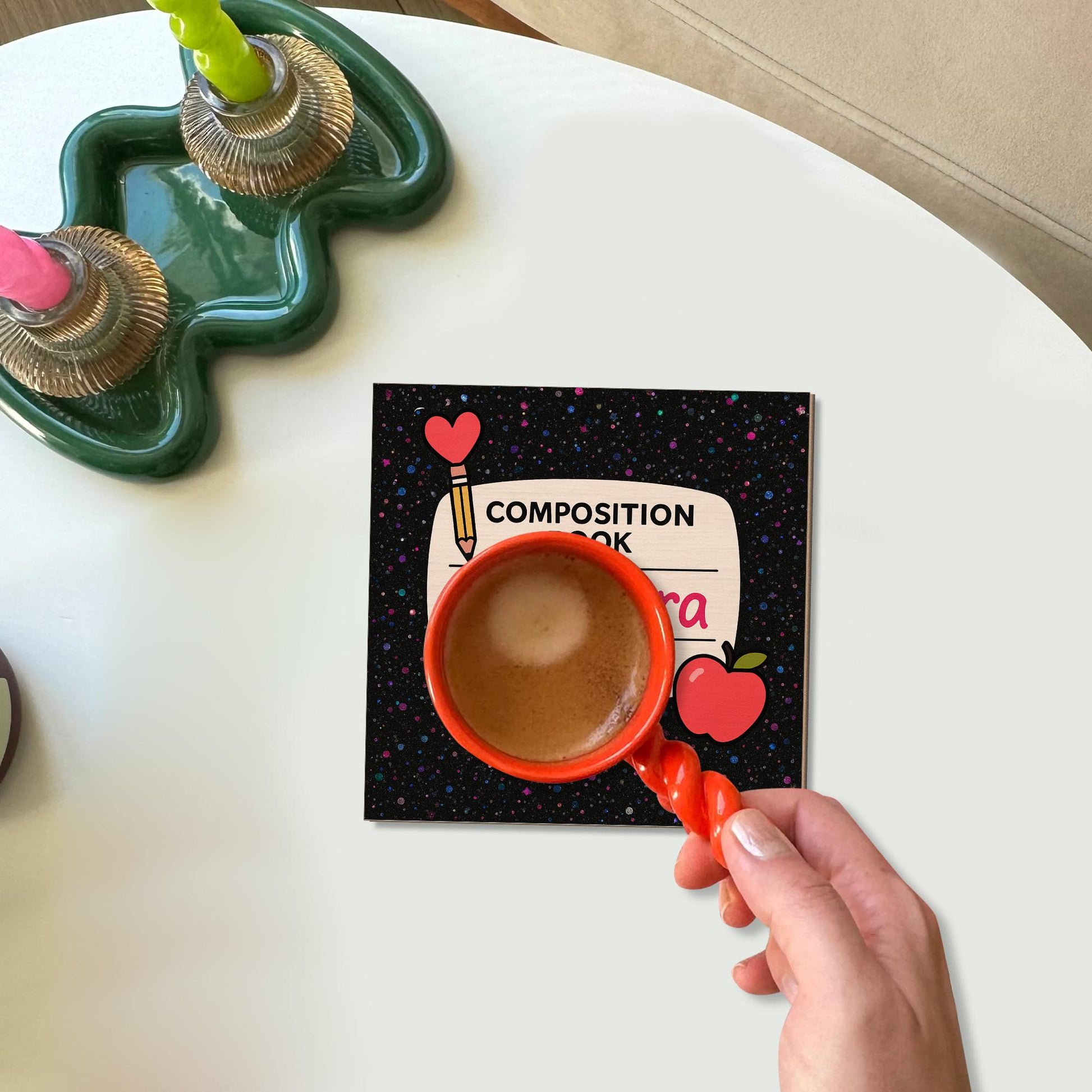 Custom Teacher Coaster – Personalized Composition Book Design with Name, Cute Back to School Desk Gift for Educators or Classroom Decor