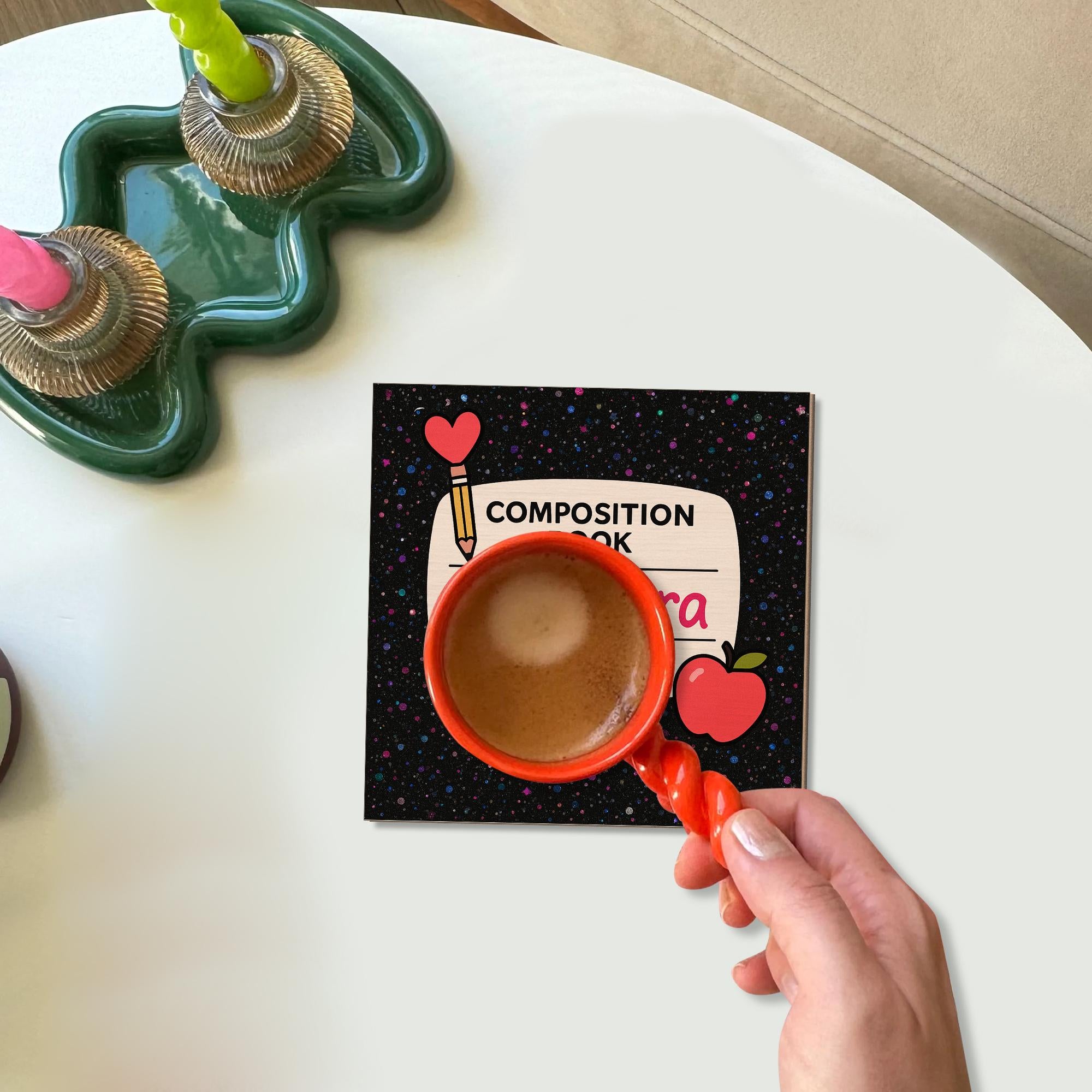Custom Teacher Coaster – Personalized Composition Book Design with Name, Cute Back to School Desk Gift for Educators or Classroom Decor