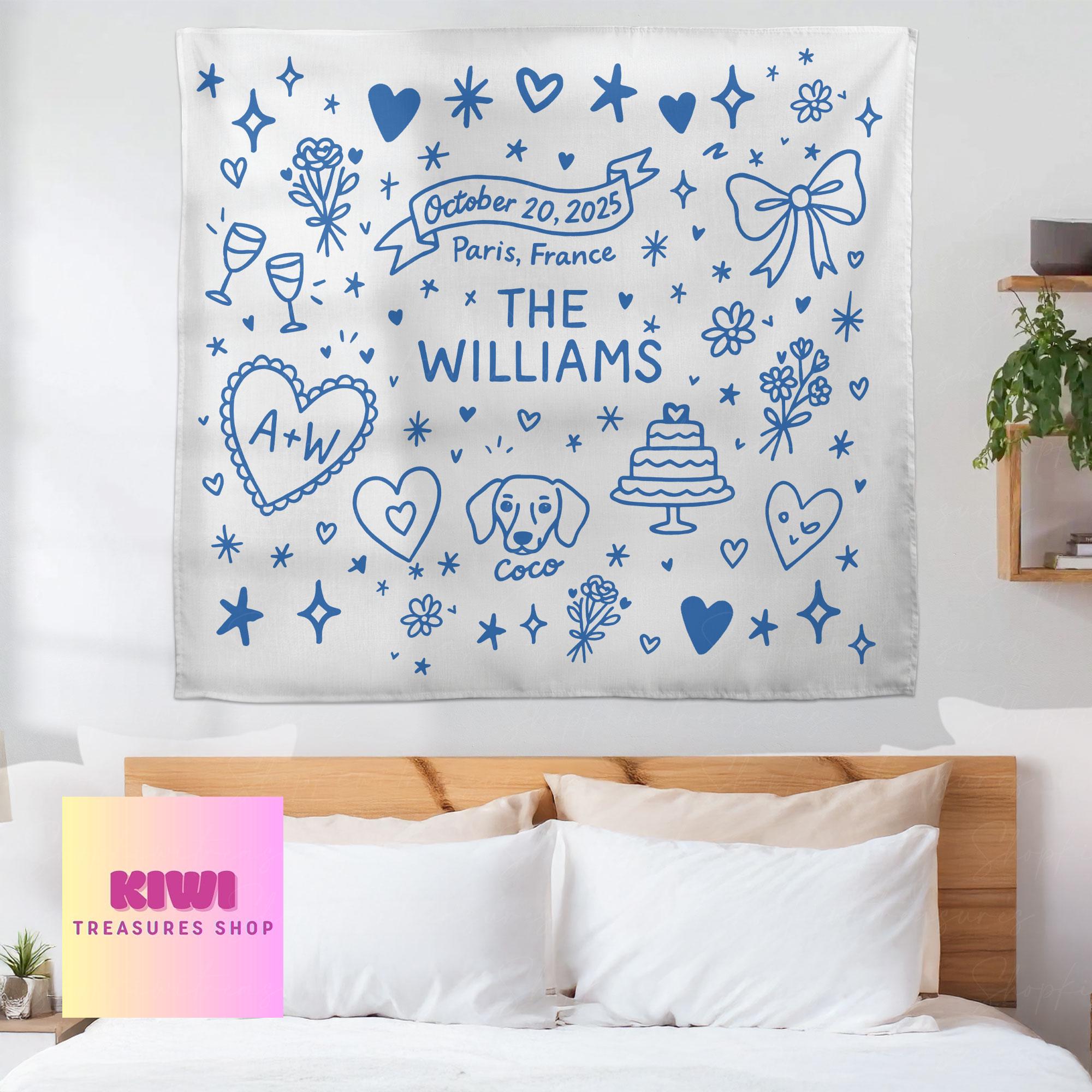 Custom Wedding Tapestry – Personalized Bride Gift with Name, Date & Pet, Bridal Shower or Engagement Party Wall Decor Keepsake