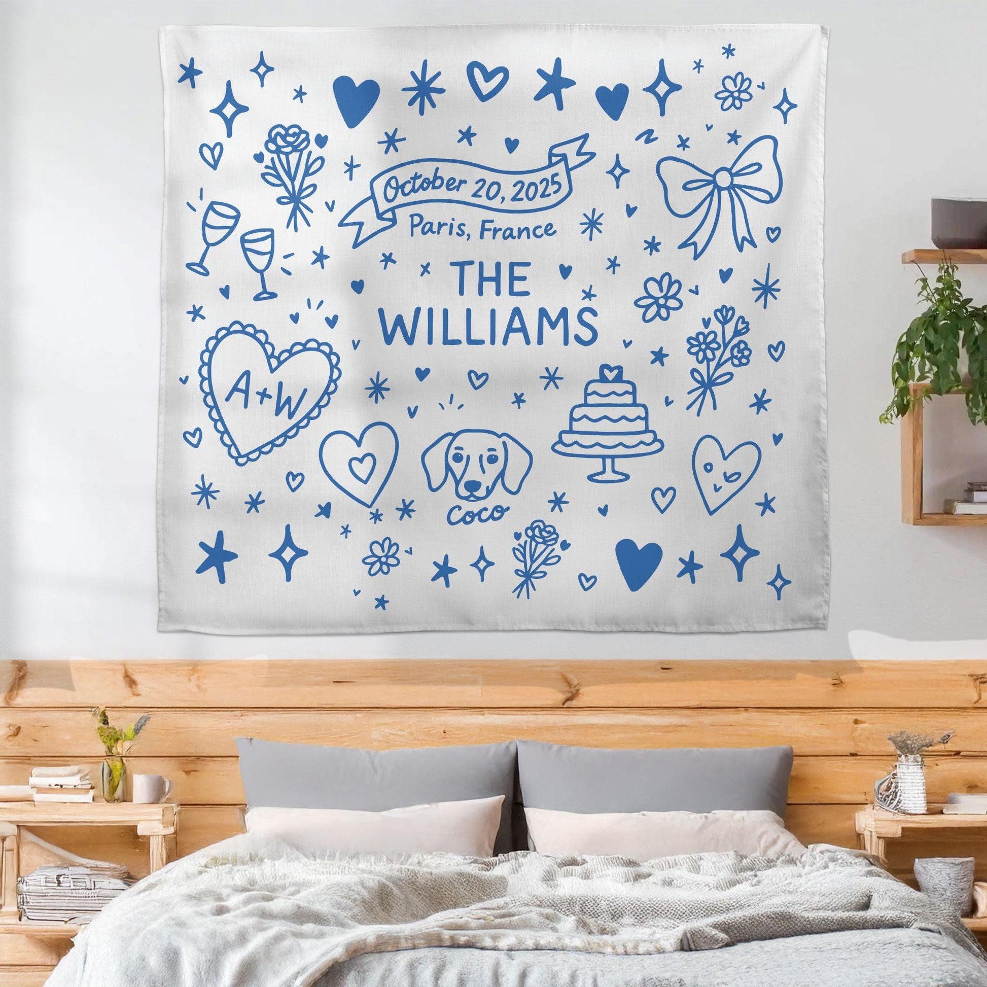 Custom Wedding Tapestry – Personalized Bride Gift with Name, Date & Pet, Bridal Shower or Engagement Party Wall Decor Keepsake