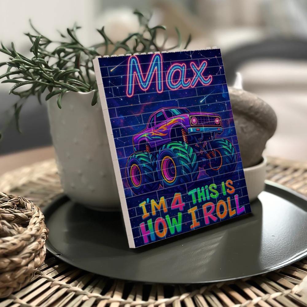 Personalized Monster Truck Birthday Building Block, Custom Birthday Gift, Neon Galaxy How I Roll Toy, Custom Name Stacking Bricks