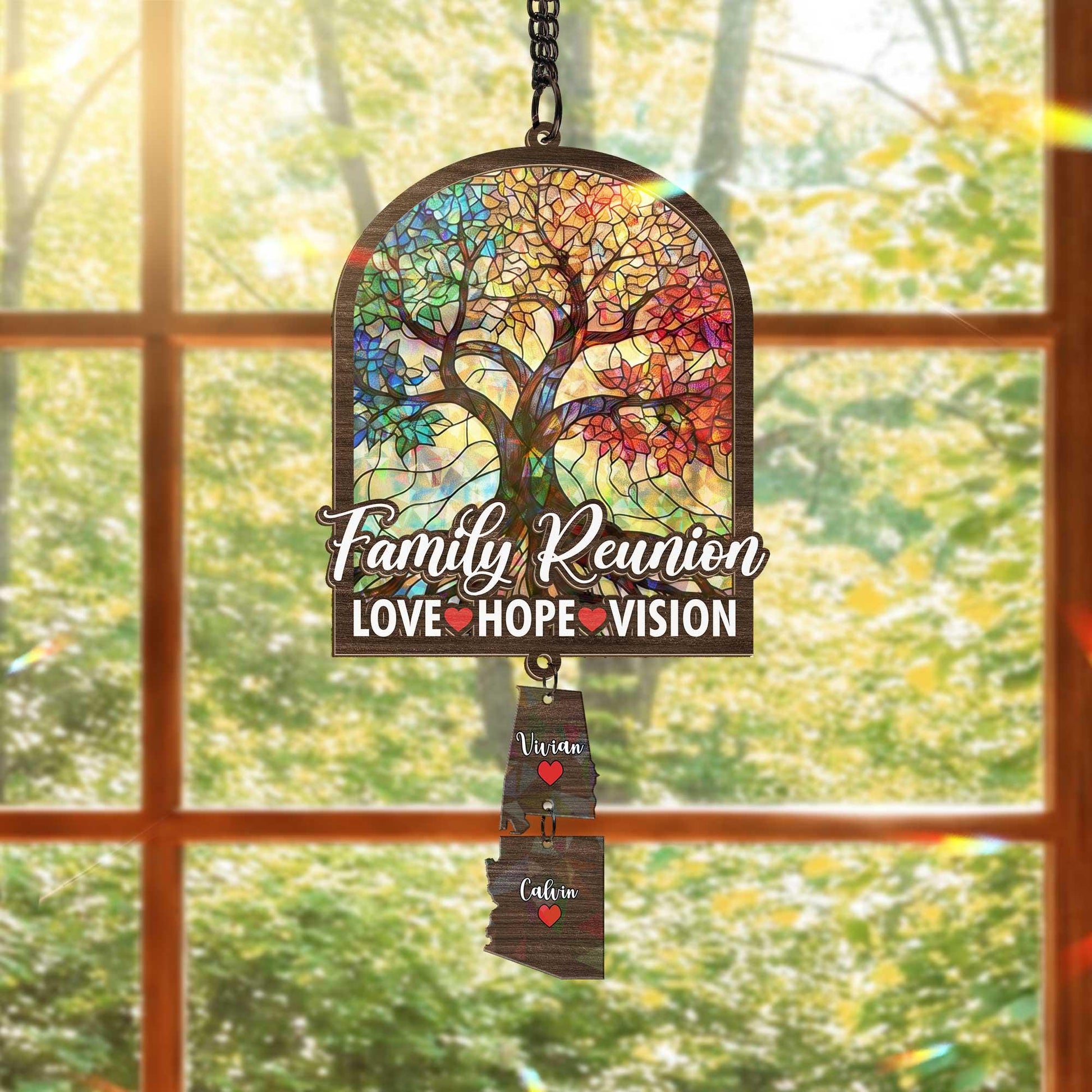 Custom Family Reunion Suncatcher– Wood State Map Gift – Family Tree Keepsake – Personalized Holographic Ornament – Family Reunion Decor