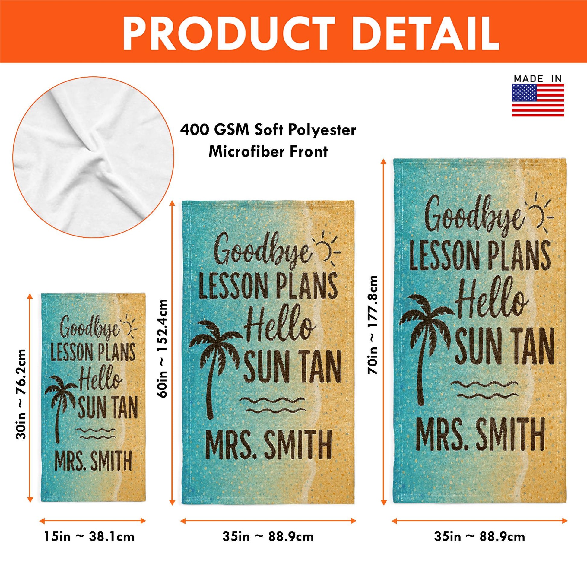 Custom Teacher Beach Towel – Goodbye Lesson Plans Hello Sun Tan Personalized Summer Gift, End of Year Break Towel for Educators