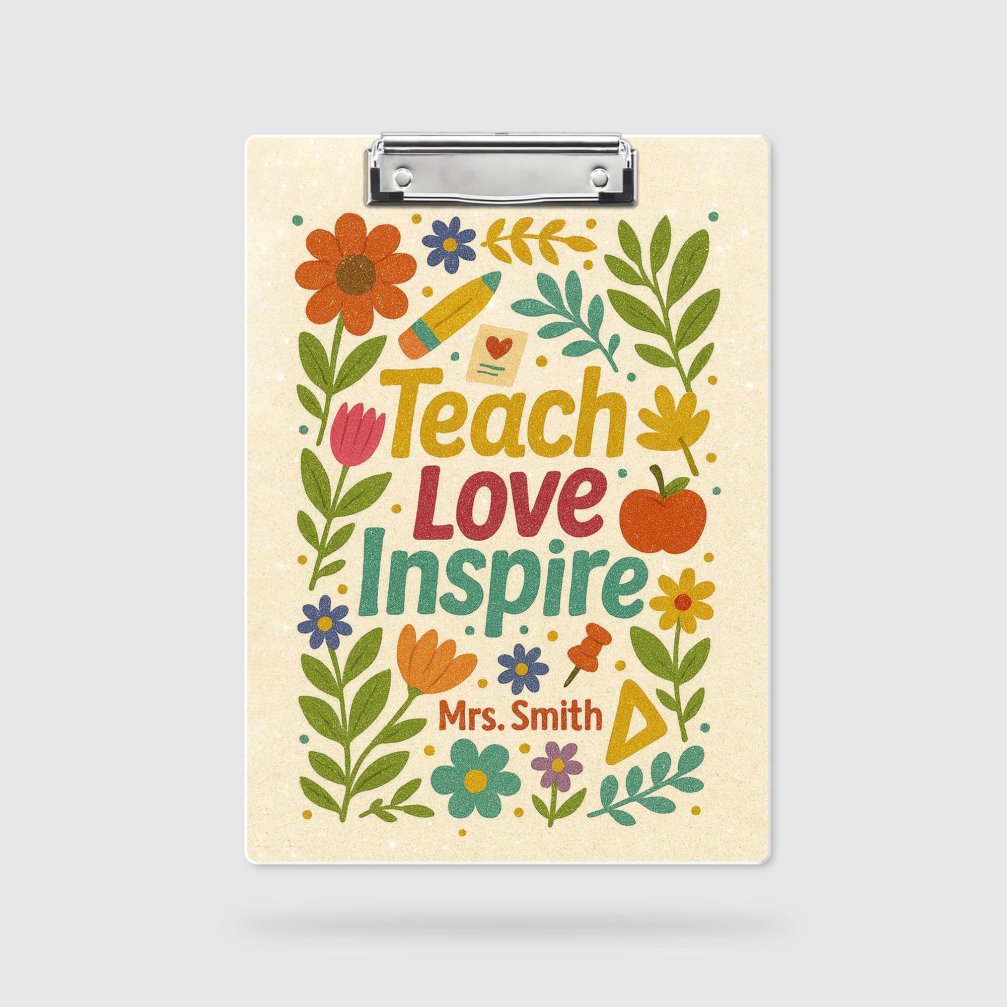 Personalized Teacher Clipboard, Teach Love Inspire Floral Clipboard, Custom Gift for Teacher Appreciation, Back to School Gift