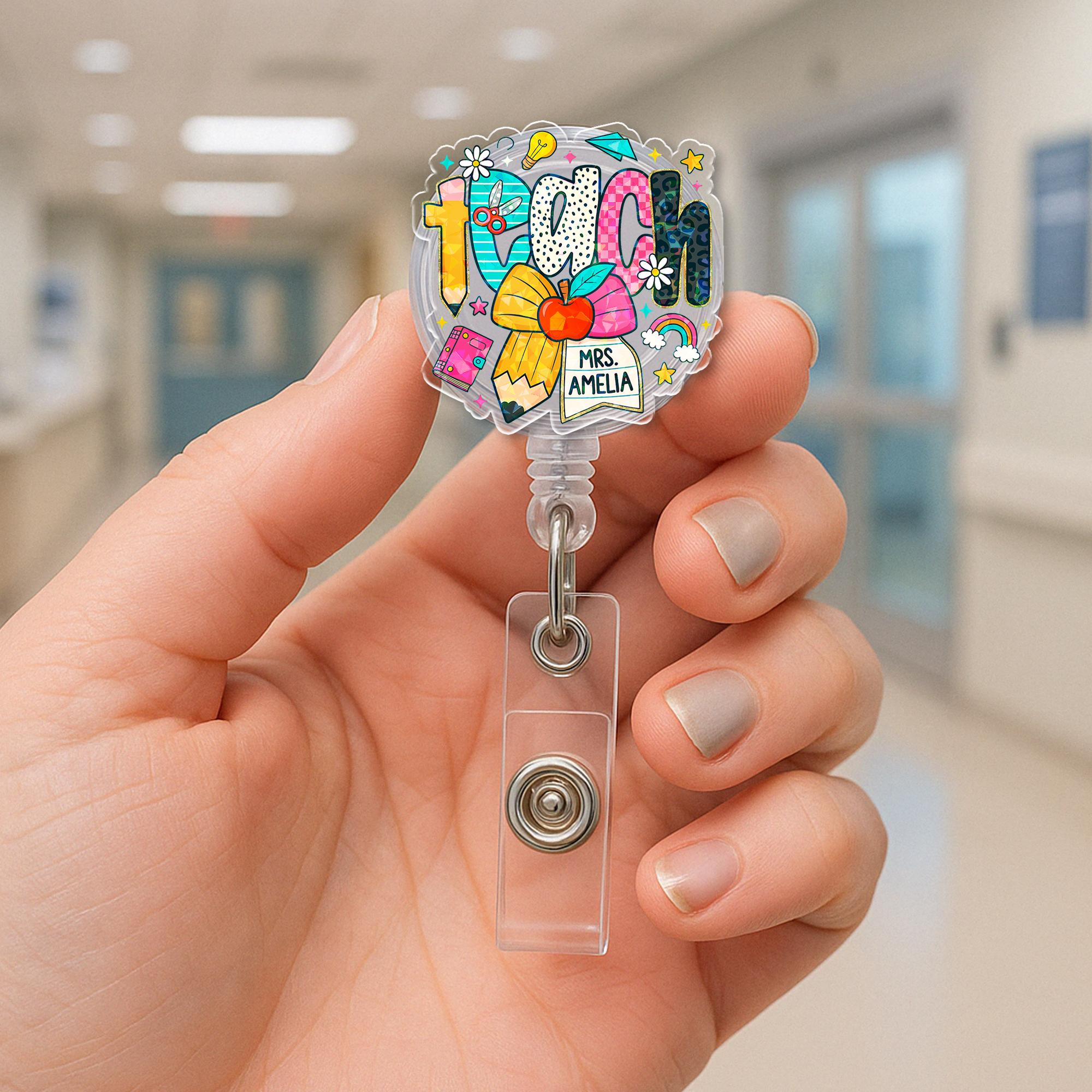 Custom Teacher Badge Reel, Personalized Name ID Clip, Cute Colorful Badge Holder, Back to School Gift for Educators, Staff Lanyard