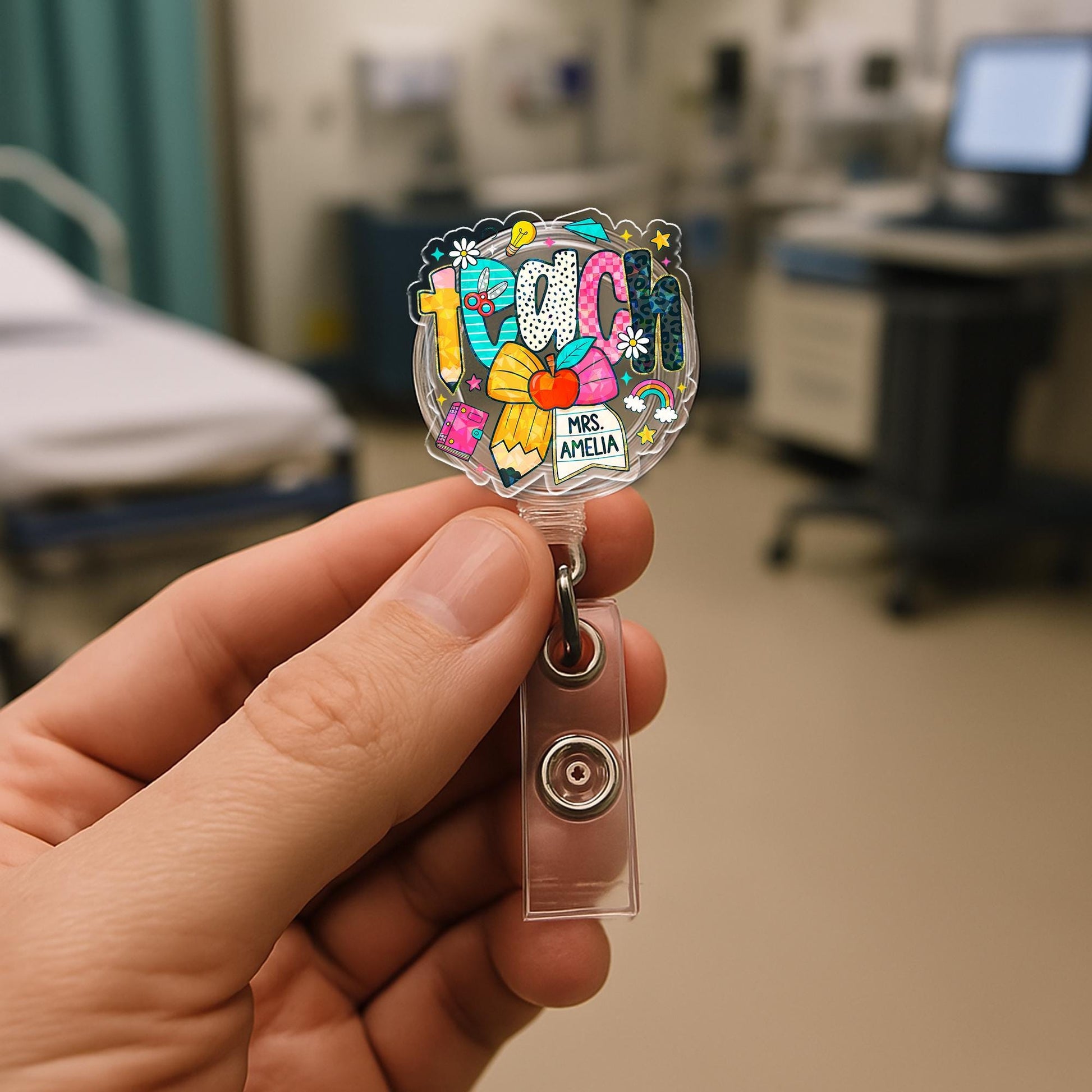 Custom Teacher Badge Reel, Personalized Name ID Clip, Cute Colorful Badge Holder, Back to School Gift for Educators, Staff Lanyard