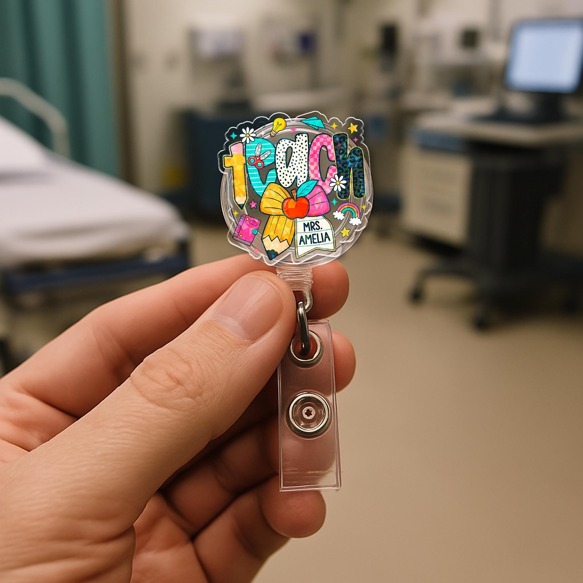 Custom Teacher Badge Reel, Personalized Name ID Clip, Cute Colorful Badge Holder, Back to School Gift for Educators, Staff Lanyard