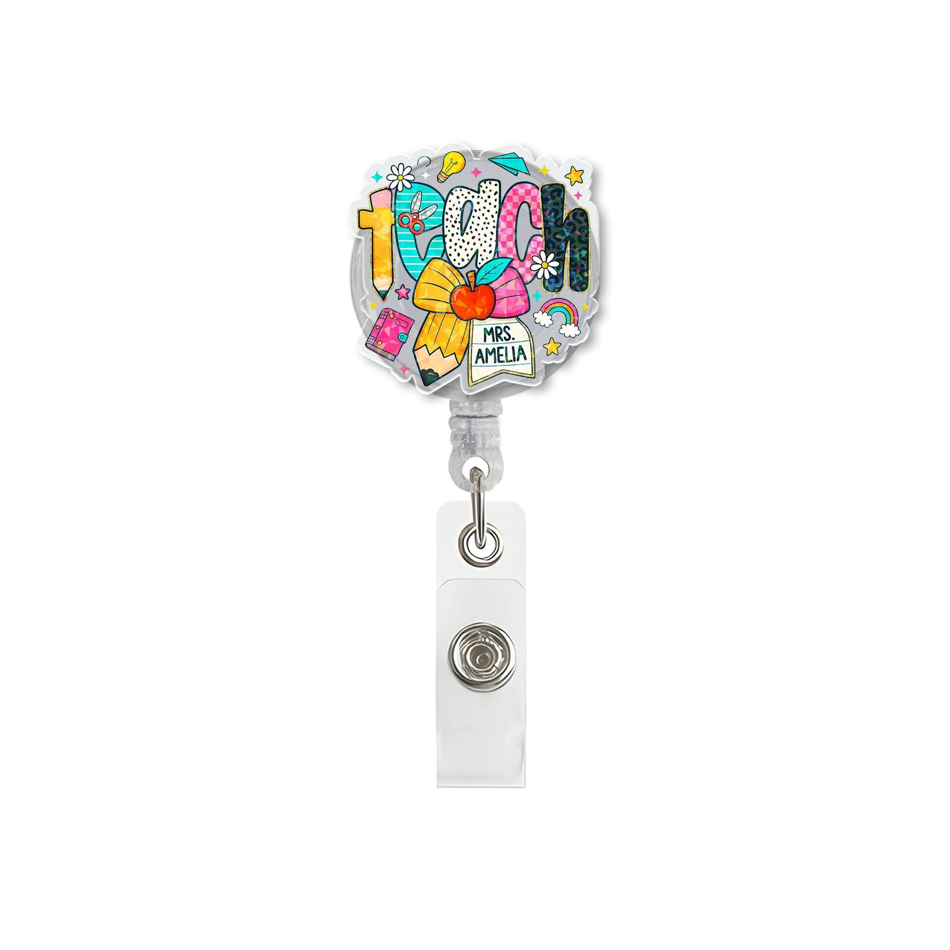 Custom Teacher Badge Reel, Personalized Name ID Clip, Cute Colorful Badge Holder, Back to School Gift for Educators, Staff Lanyard
