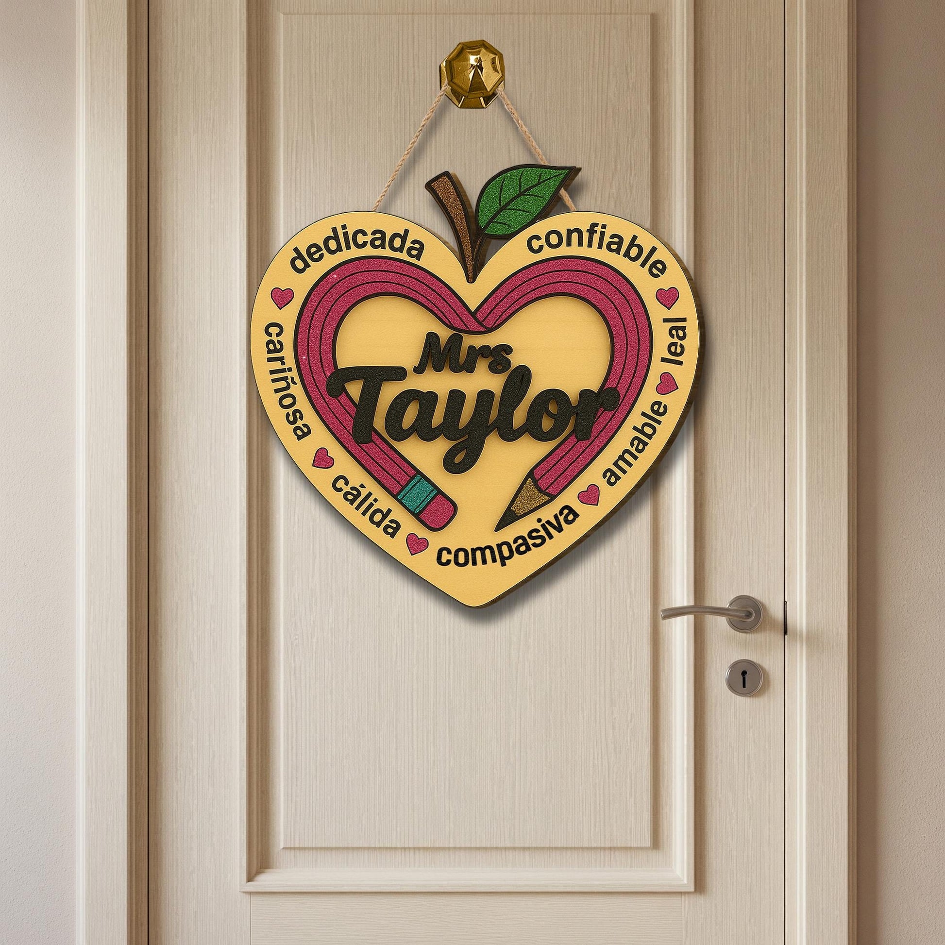 Spanish Teacher Door Hanger, Personalized Classroom Sign, Heart Pencil Door Decor, Custom Name Teacher Gift, Back to School Decor