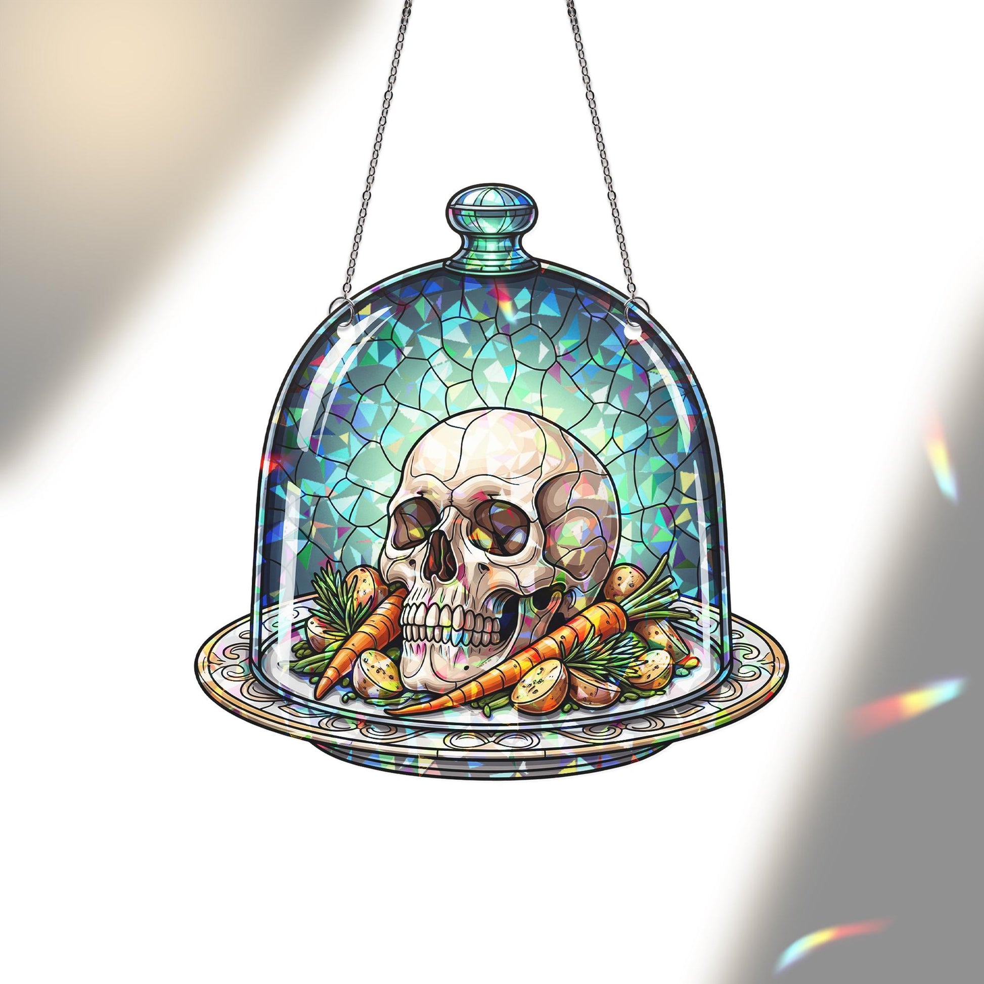 Gothic Skull Kitchen Suncatcher – Stained Glass Halloween Window Decor, Creepy Dome Art