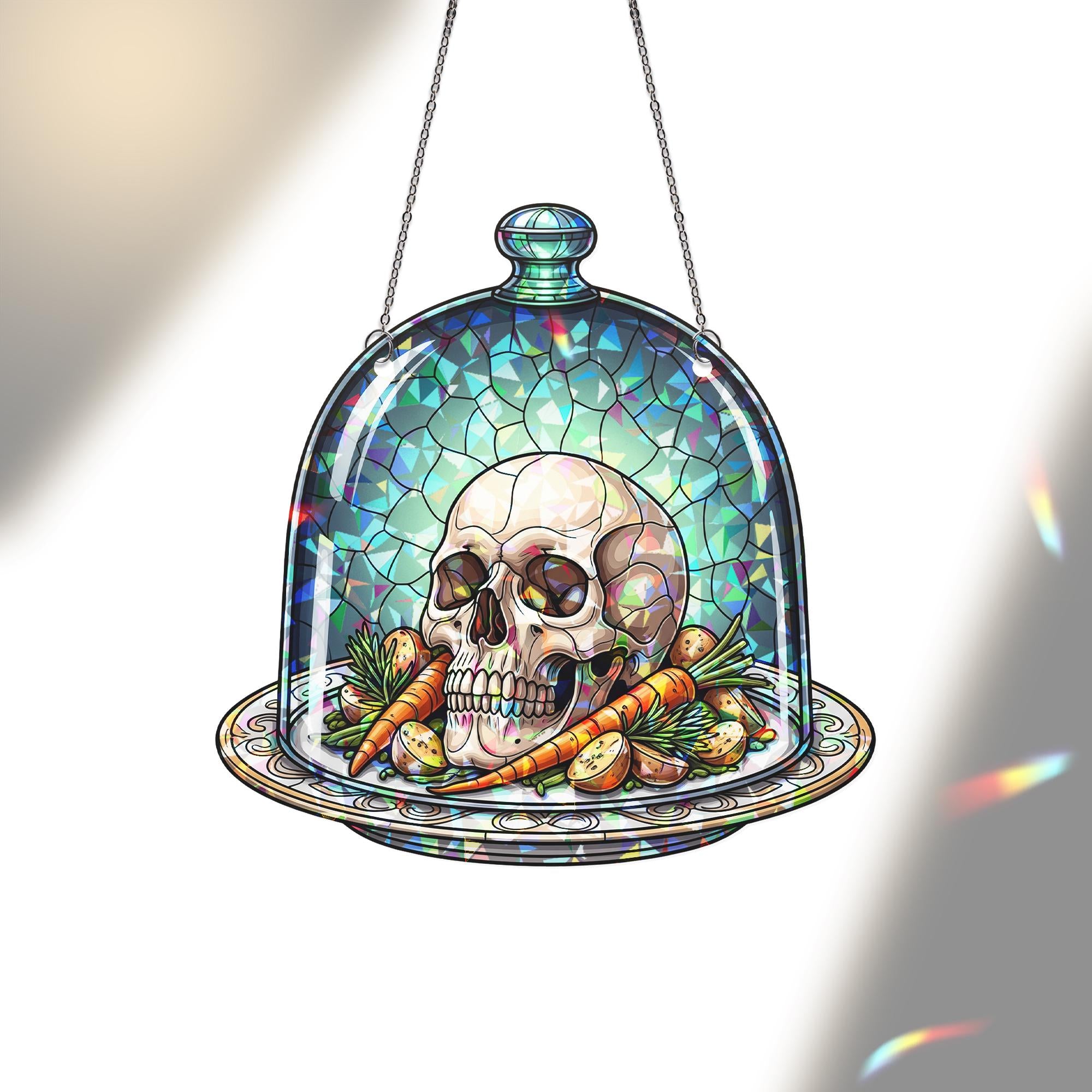 Gothic Skull Kitchen Suncatcher – Stained Glass Halloween Window Decor, Creepy Dome Art