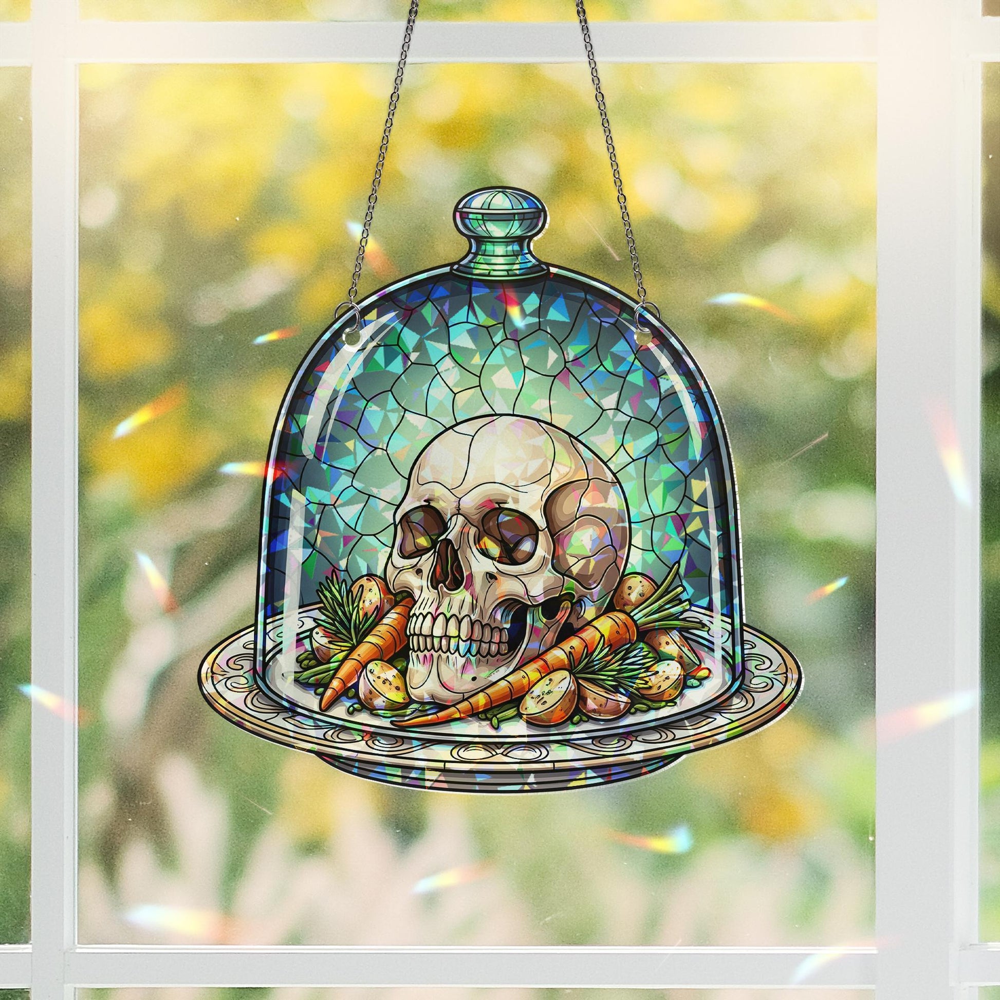 Gothic Skull Kitchen Suncatcher – Stained Glass Halloween Window Decor, Creepy Dome Art