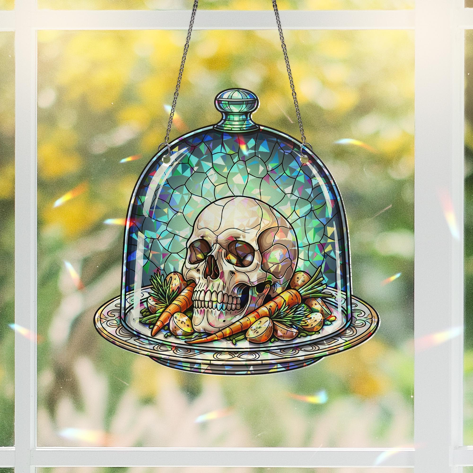Gothic Skull Kitchen Suncatcher – Stained Glass Halloween Window Decor, Creepy Dome Art