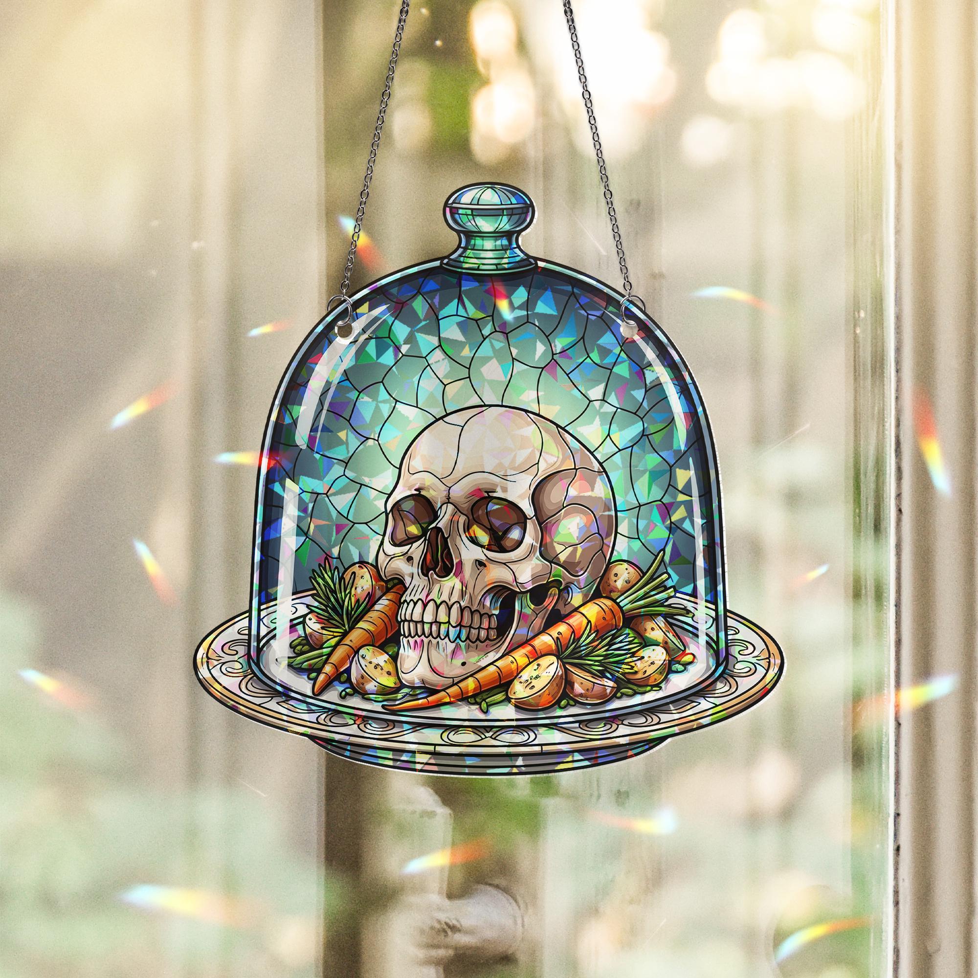 Gothic Skull Kitchen Suncatcher – Stained Glass Halloween Window Decor, Creepy Dome Art