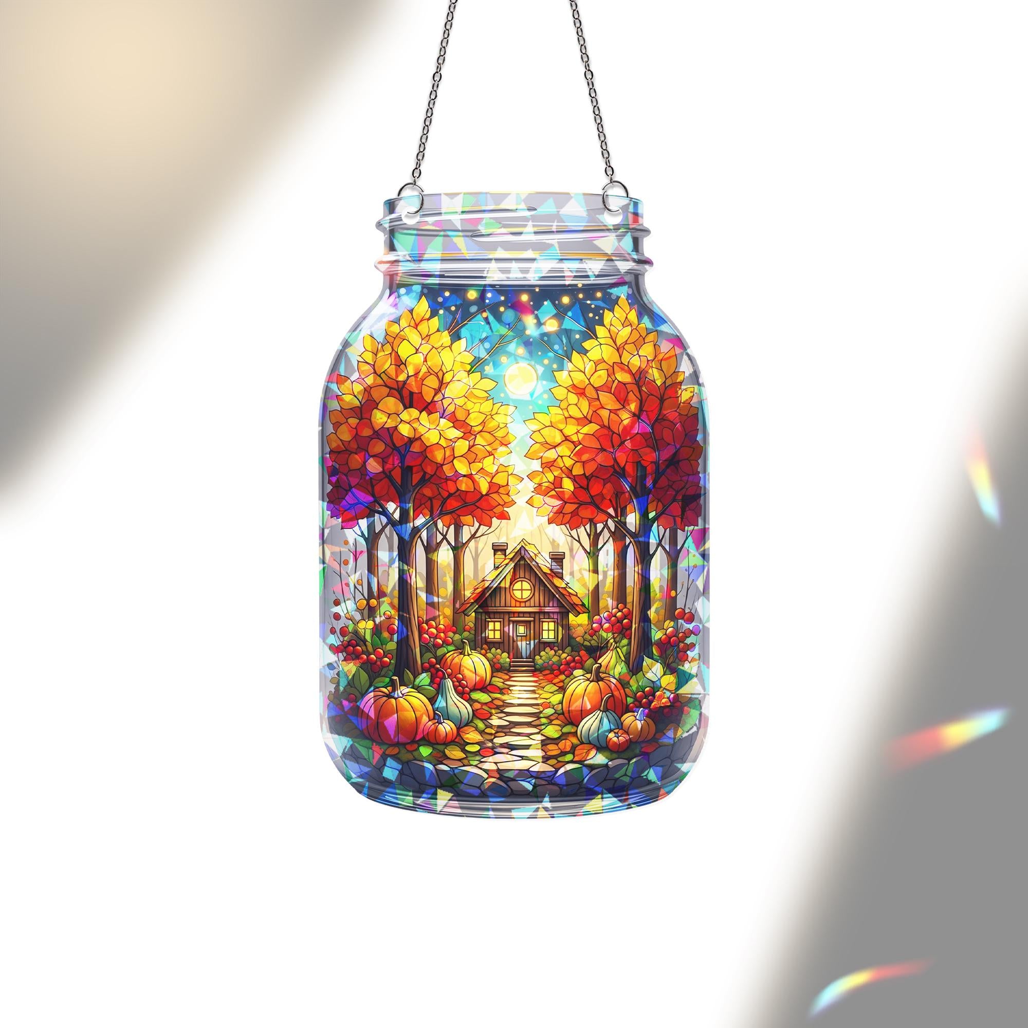 Autumn Cottage Suncatcher – Mason Jar Stained Glass Fall Window Decor, Pumpkin Path Art