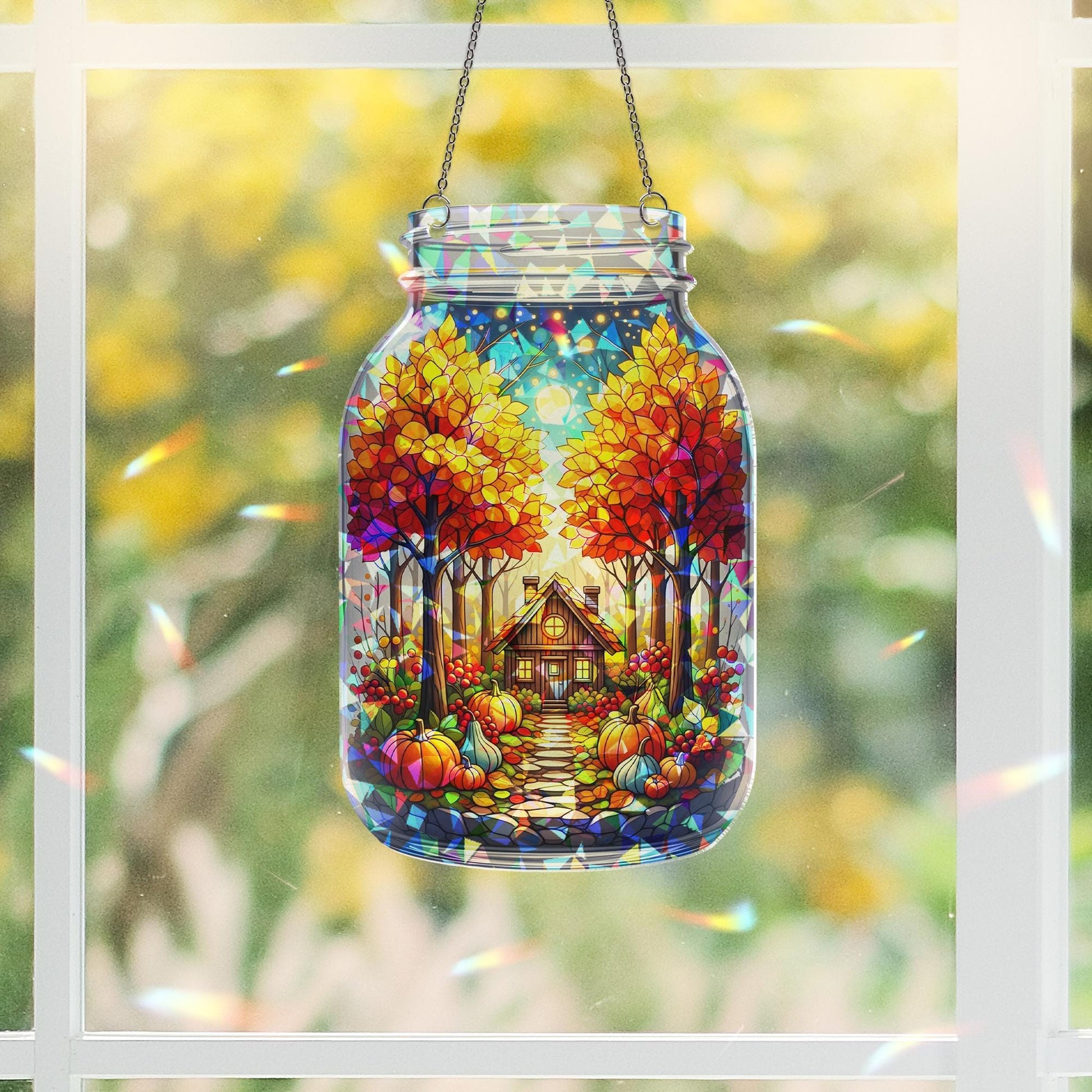 Autumn Cottage Suncatcher – Mason Jar Stained Glass Fall Window Decor, Pumpkin Path Art