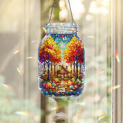 Autumn Cottage Suncatcher – Mason Jar Stained Glass Fall Window Decor, Pumpkin Path Art