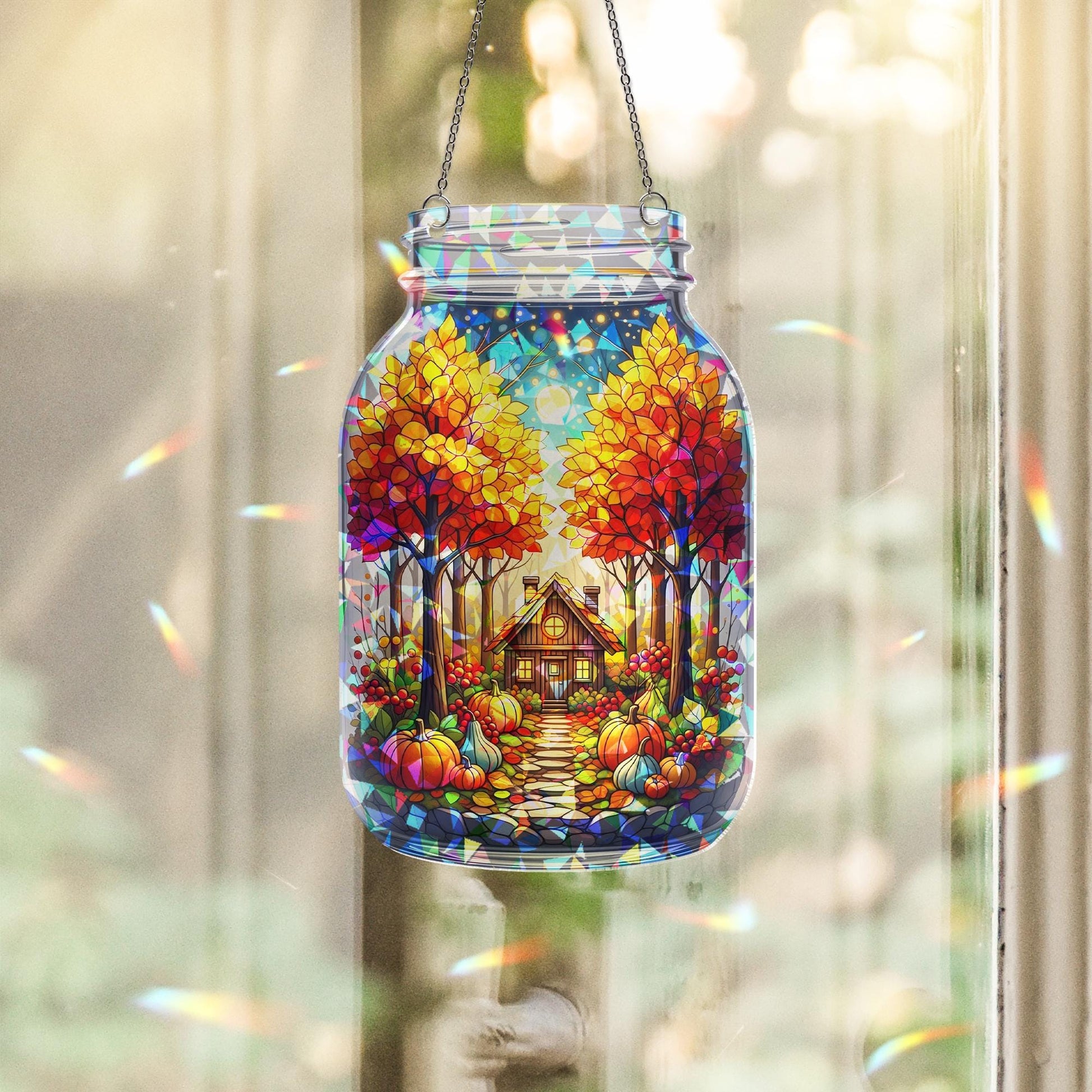 Autumn Cottage Suncatcher – Mason Jar Stained Glass Fall Window Decor, Pumpkin Path Art
