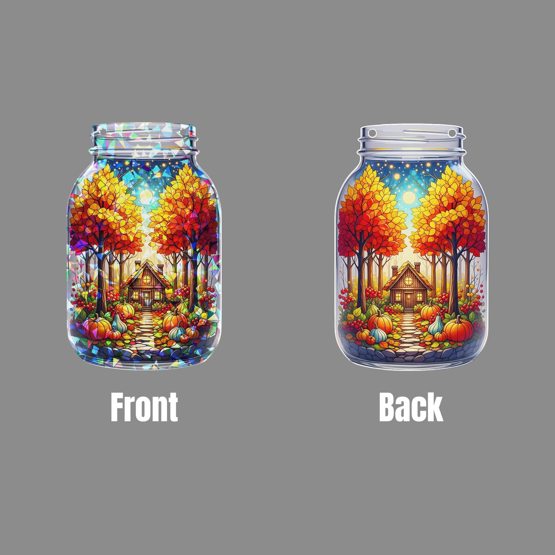 Autumn Cottage Suncatcher – Mason Jar Stained Glass Fall Window Decor, Pumpkin Path Art