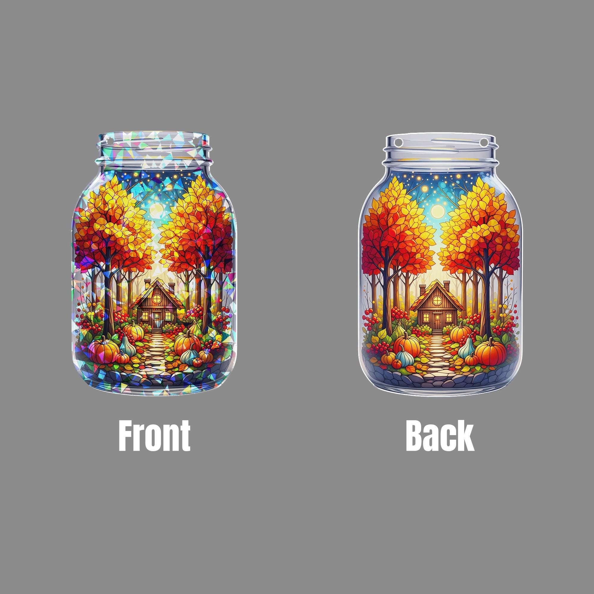 Autumn Cottage Suncatcher – Mason Jar Stained Glass Fall Window Decor, Pumpkin Path Art