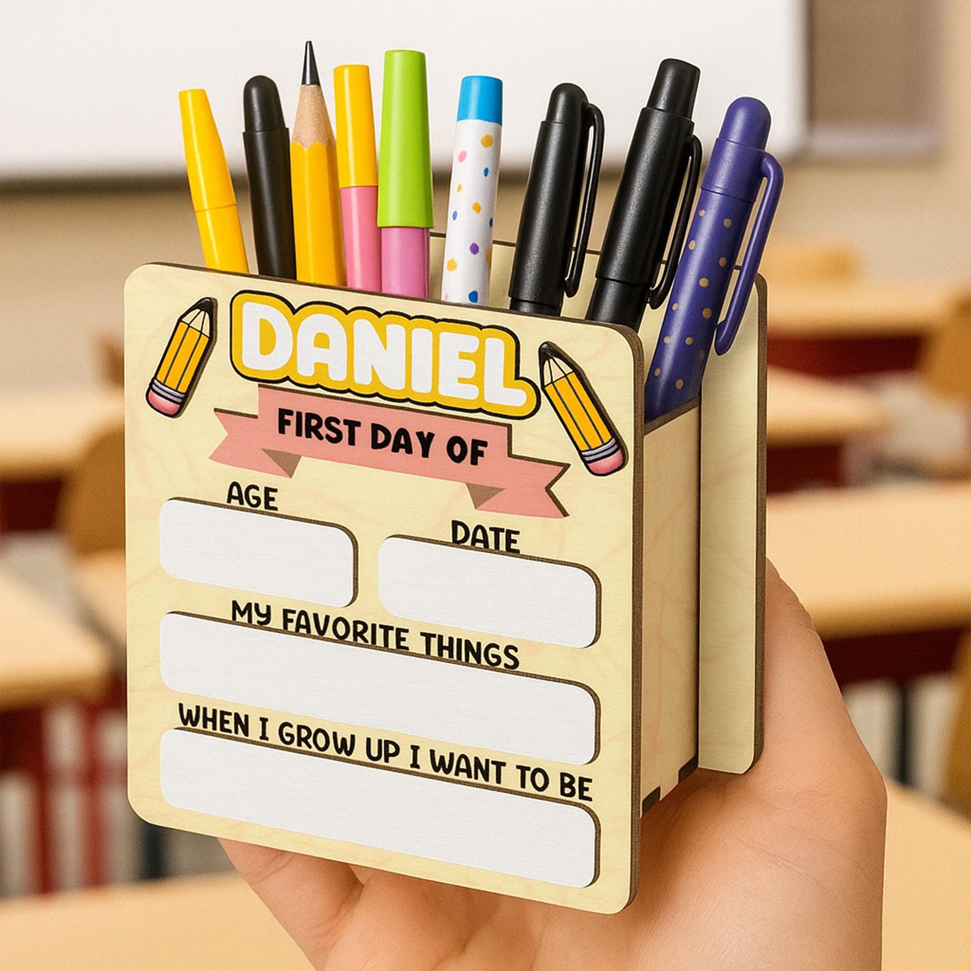 Personalized Wooden School Pencil Holder | Back to School Gift | Reusable Pen Organizer | Kids Desk Accessory | First Day of School Sign