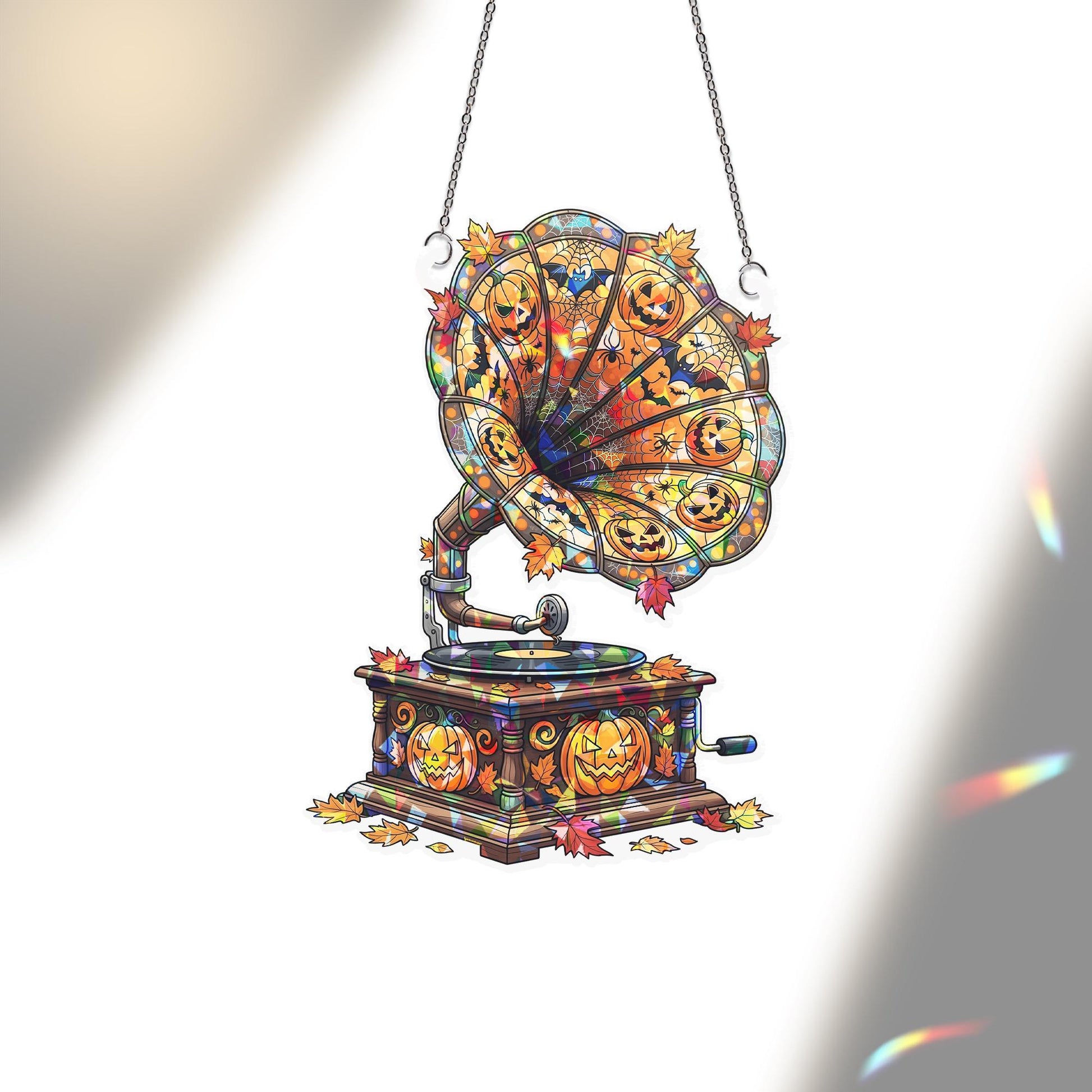 Halloween Phonograph Suncatcher – Stained Glass Jack-o’-Lantern Gramophone Window Decor