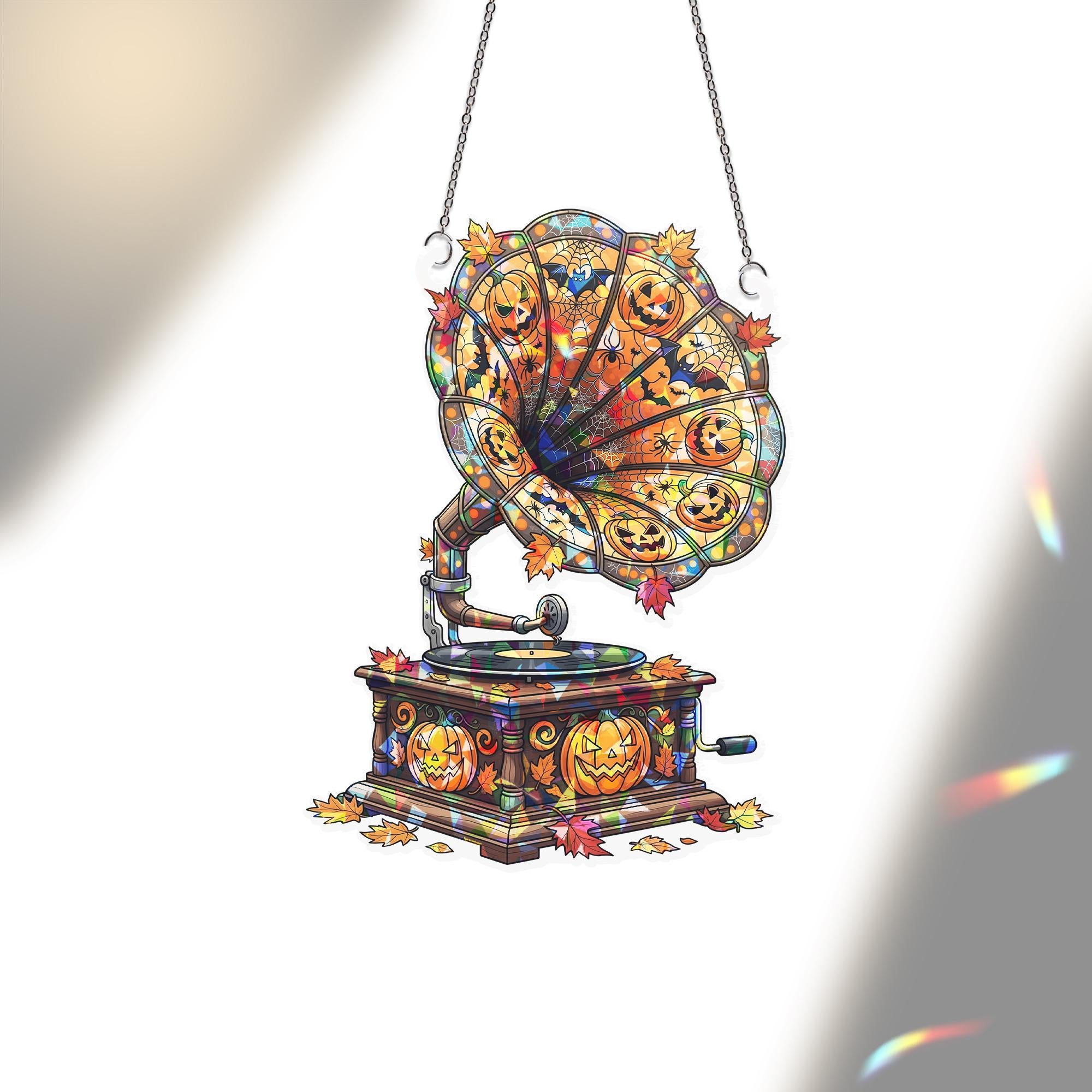 Halloween Phonograph Suncatcher – Stained Glass Jack-o’-Lantern Gramophone Window Decor