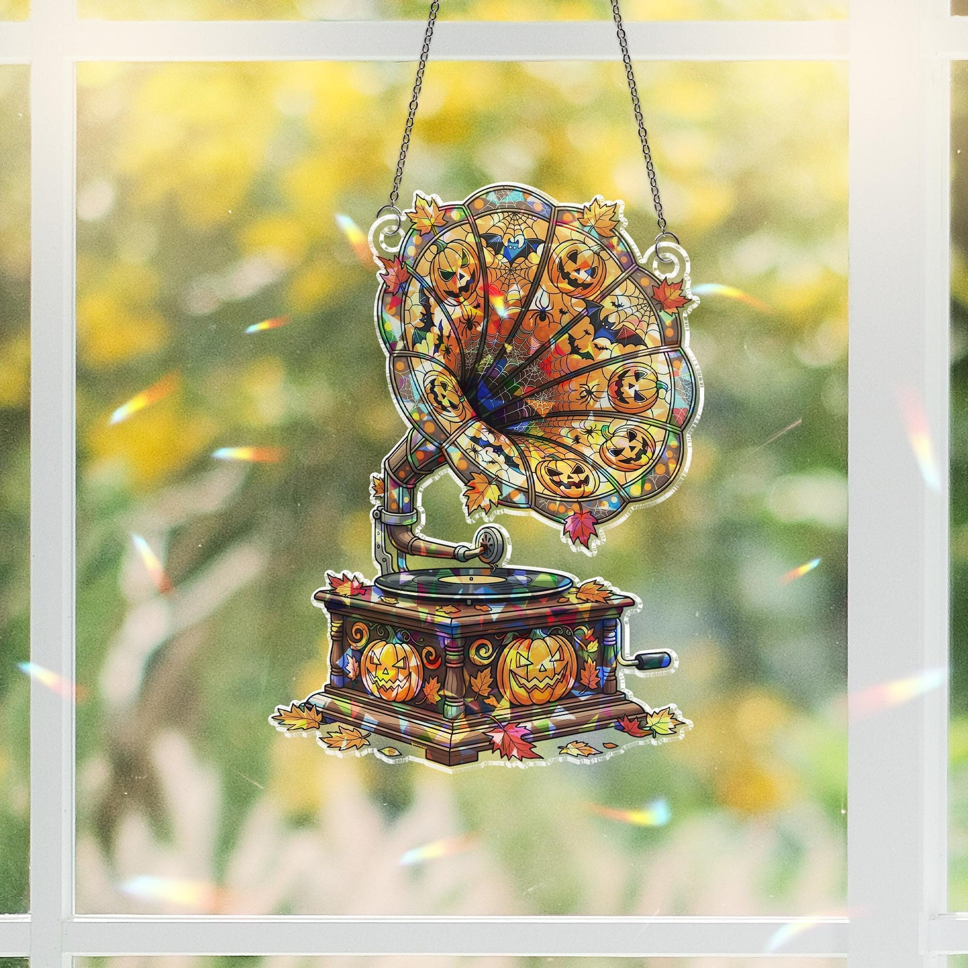 Halloween Phonograph Suncatcher – Stained Glass Jack-o’-Lantern Gramophone Window Decor